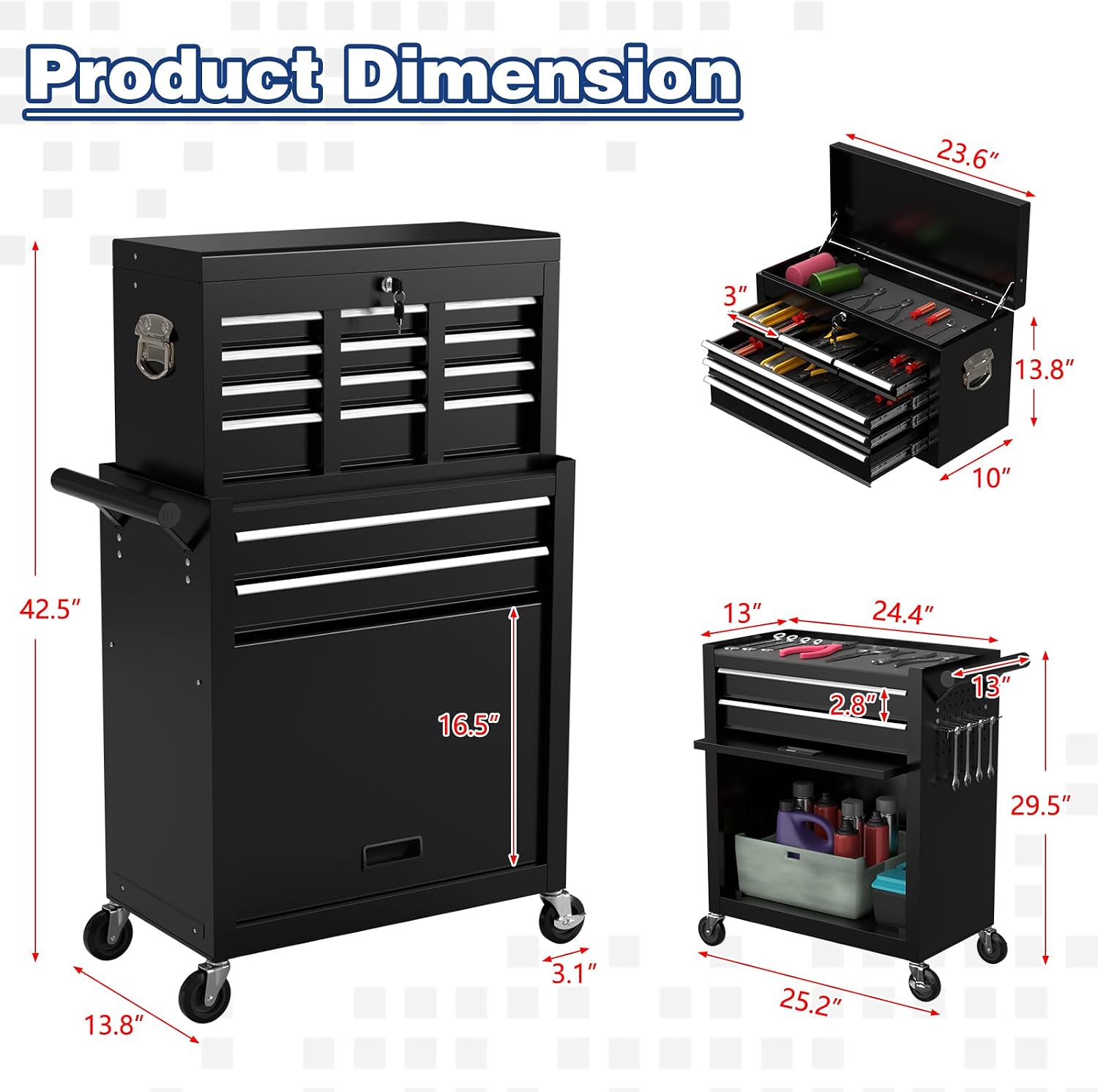 Rolling Tool Box with Wheels, 8-Drawer High Capacity Tool Chest with Wheels, Removable Storage Toolbox with Lock for Garage, Workshop (Black)