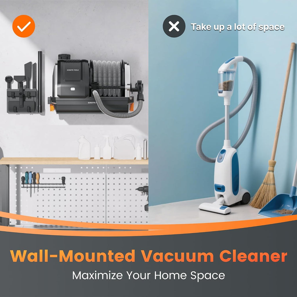 Giraffe Tools Vacuum Cleaner with 30 FT Retractable Hose, Grandstorm Wet Dry Wall Mounted Vacuum Cleaner with 6 Nozzles for Car Detailing Normal Version, Grey （No Remote Control Funtion）