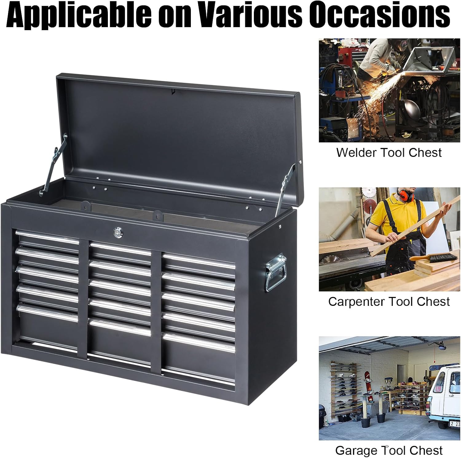 Metal Tool Box, 5-Layer Drawers & Top Storage Tray Tool Box with Lock Safety and Handle, 24' Portable Tool Chest Cabinet for Garage, Warehouse, Home, Black