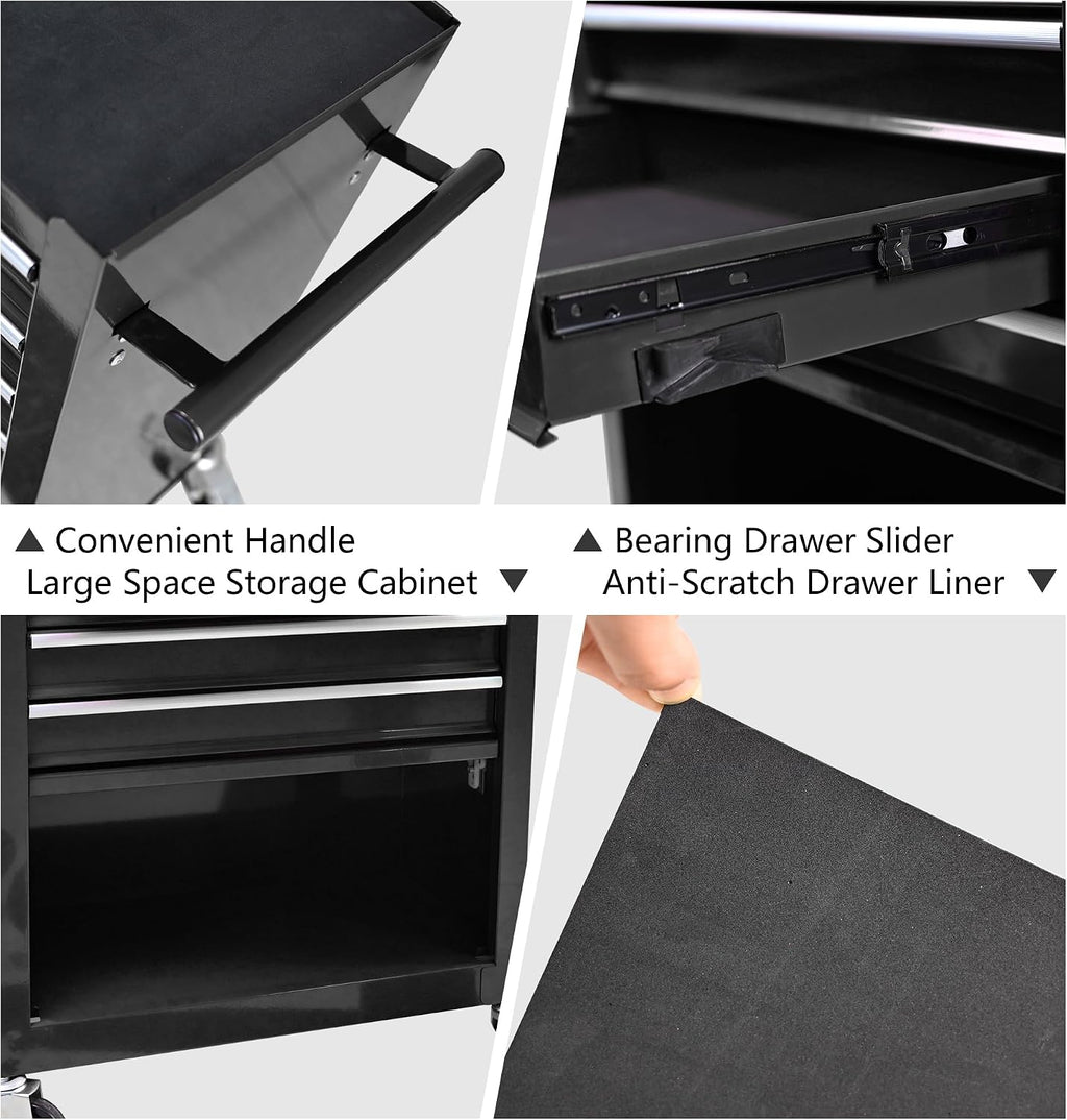 4-Drawer Tool Cart on Wheels, Drawers Rolling Tool Chest with 1 Cabinet, Mobile Trolley Organizer Tools Box with Locking Wheels & Ball Bearing Drawers for Garage,Warehouse,Repair Shop (Black)