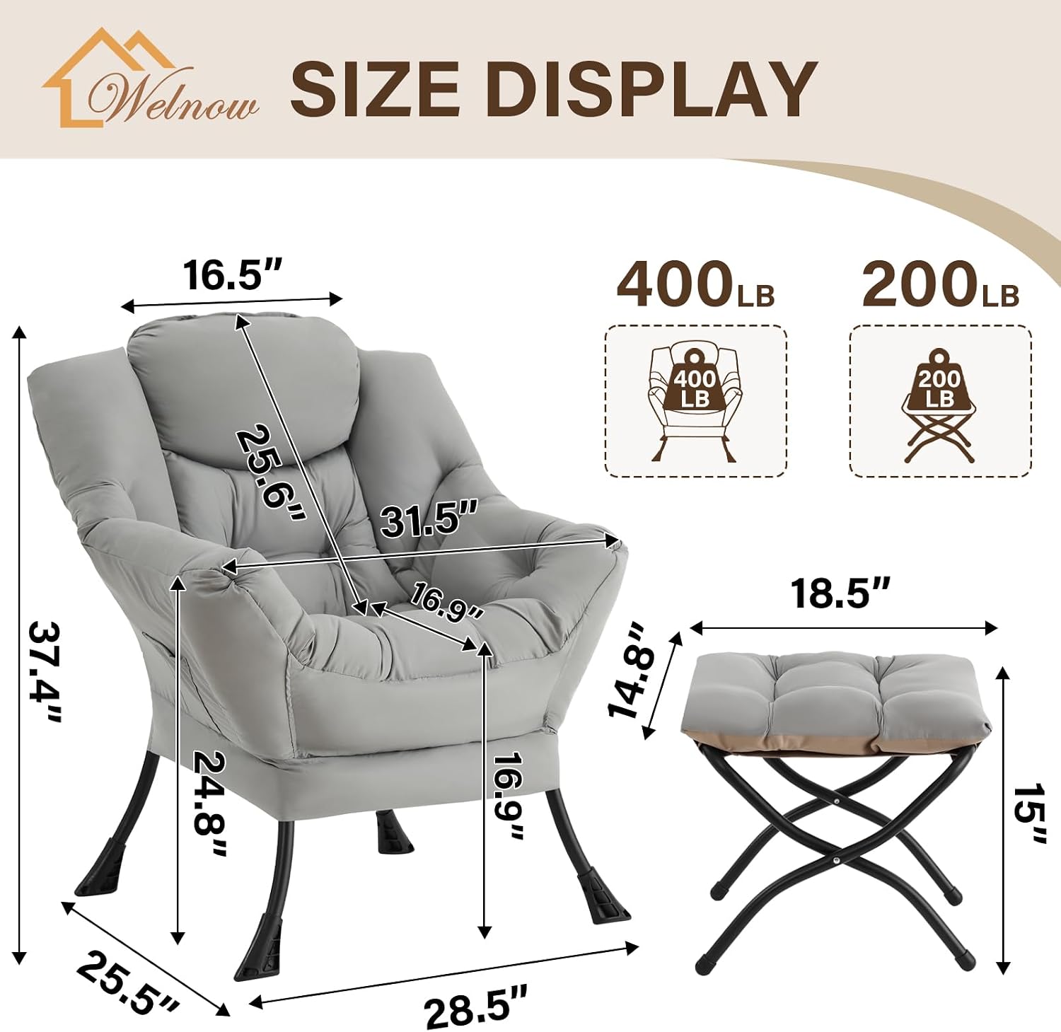 Welnow Lazy Chair with Ottoman, Modern Accent Chair with Armrests and a Side Pocket, Leisure Sofa Armchair Set, Reading Armchair with Footrest for Small Space, Light Grey