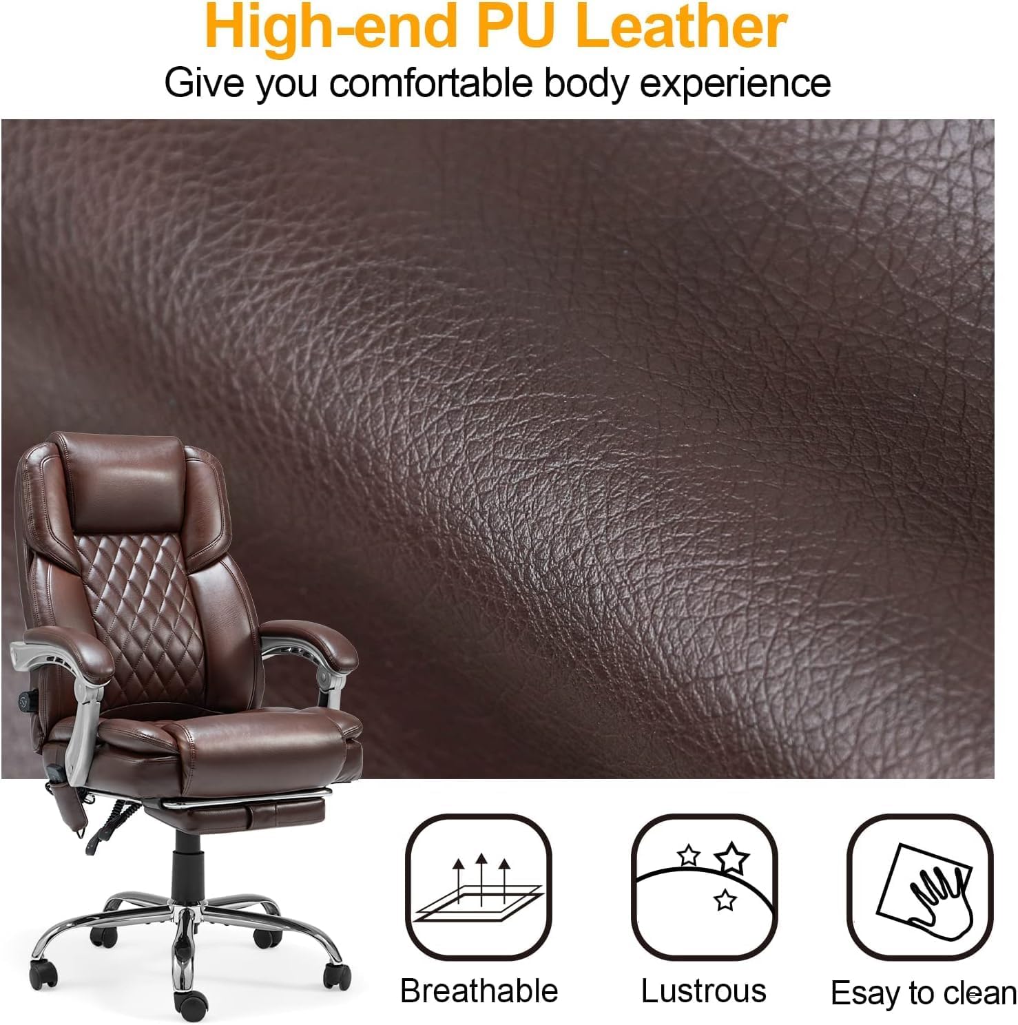 HOMREST 2-Point Massage Office Chair with Lumbar Support, Heated Executive Office Chair, Computer Gaming Chair with with Adjustable Backrest for Home Office, Brown