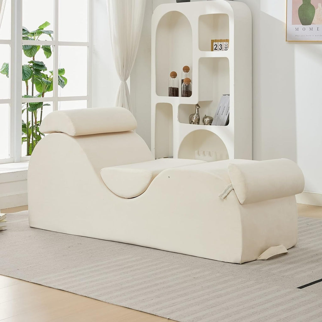 ijuicy 25 Inch Yoga Stretch Chair, Velvet Household Fitness Training Chair, Indoor Relaxation Recliner with Headrest & Adjustable Footrest, Beige