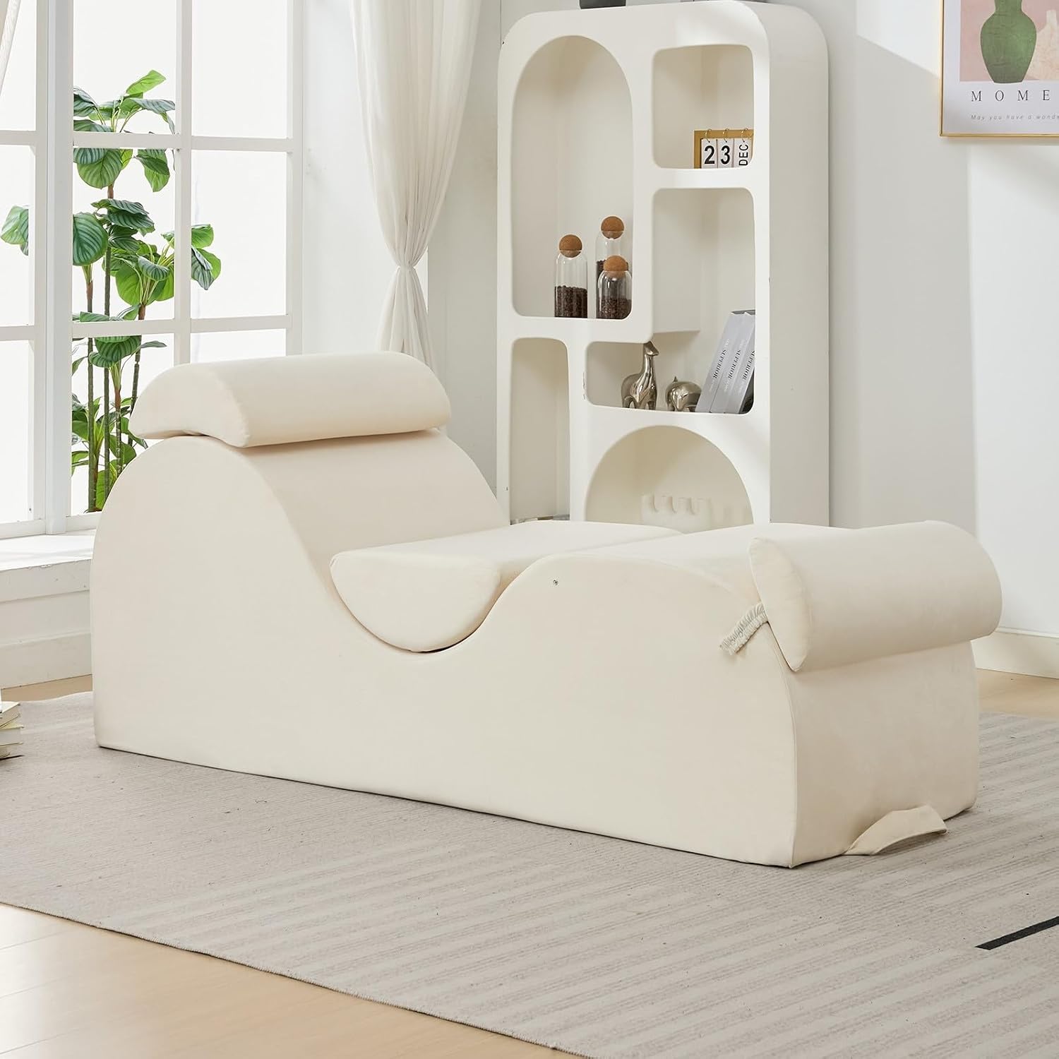 ijuicy 25 Inch Yoga Stretch Chair, Velvet Household Fitness Training Chair, Indoor Relaxation Recliner with Headrest & Adjustable Footrest, Beige