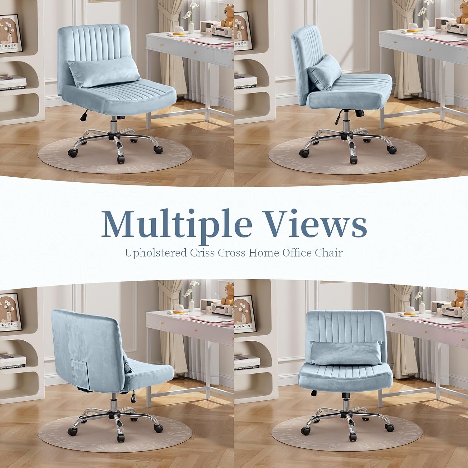 Criss Cross Office Chair with Wheels, Velvet Cross Legged Desk Chair for Bedroom, Armless Computer Chair, Modern Vanity Chair, Festival for Adults, Velvet Dusk Blue