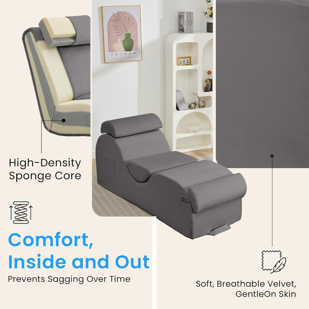 ijuicy 25 Inch Yoga Stretching Chair, Soft Velvet Household Workout Training Chair, Indoor Leisure Lounge Chair with Headrest and Movable Footrest for Body Stretching & Daily Relaxation, Light Grey
