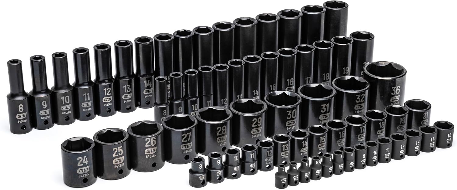 GEARWRENCH 66 Piece 1/4', 3/8', 1/2' Drive 6 Point Metric Impact Socket Set in Foam Storage Tray - GWMSISKMM
