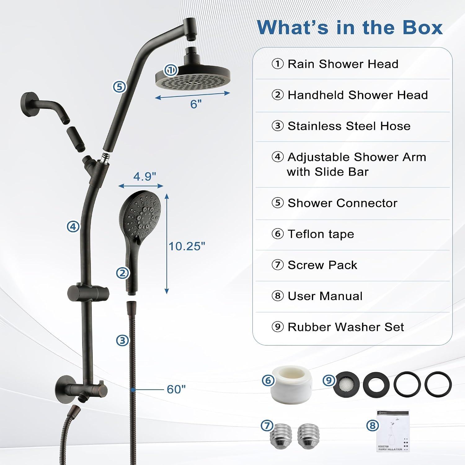BRIGHT SHOWERS Rain Shower Head with Handheld Combo, Dual Shower System with Slide Bar, Adjustable Height, Brass Slide Bar & Diverter, 60 Inch Stainless Steel Hose, Oil Rubbed Bronze