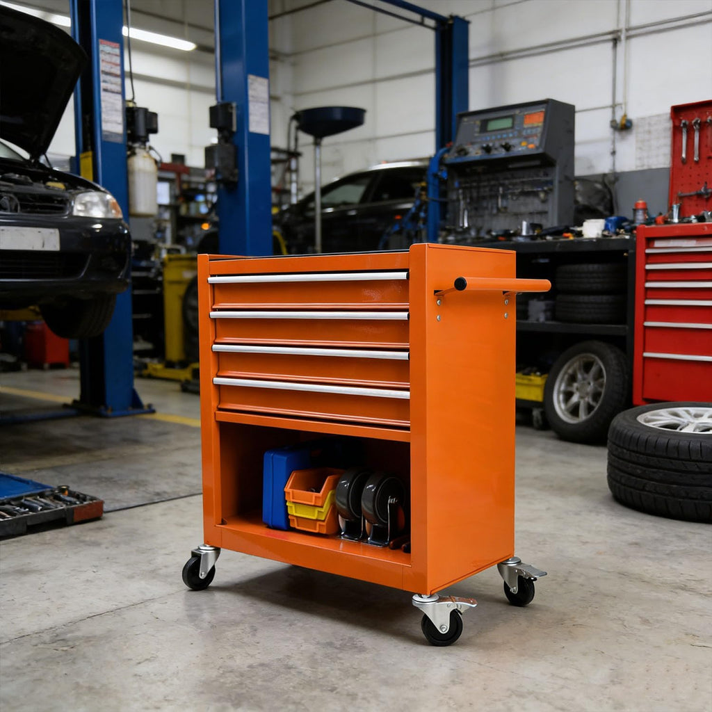 4-Drawer Tool Cart on Wheels, Drawers Rolling Tool Chest with 1 Cabinet, Mobile Trolley Organizer Tools Box with Locking Wheels & Ball Bearing Drawers for Garage,Warehouse,Repair Shop (Orange)