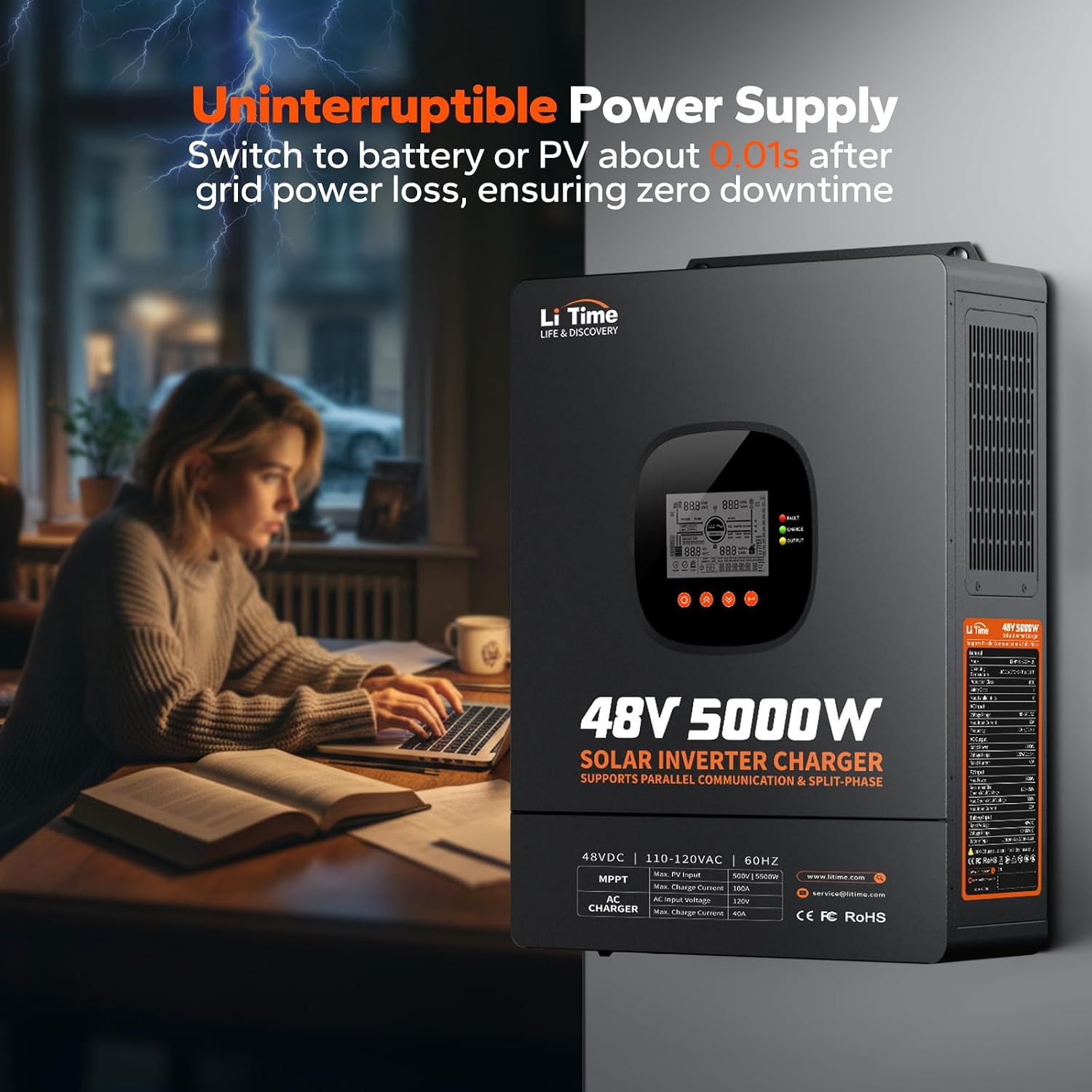 LiTime 5000W Solar Inverter Charger, 48V DC to 120V AC Pure Sine Wave Inverter, Parallel Split-Phase for 240V, Built in 100A MPPT Solar Charger Controller for Home Backup, Off-Grid, Farm