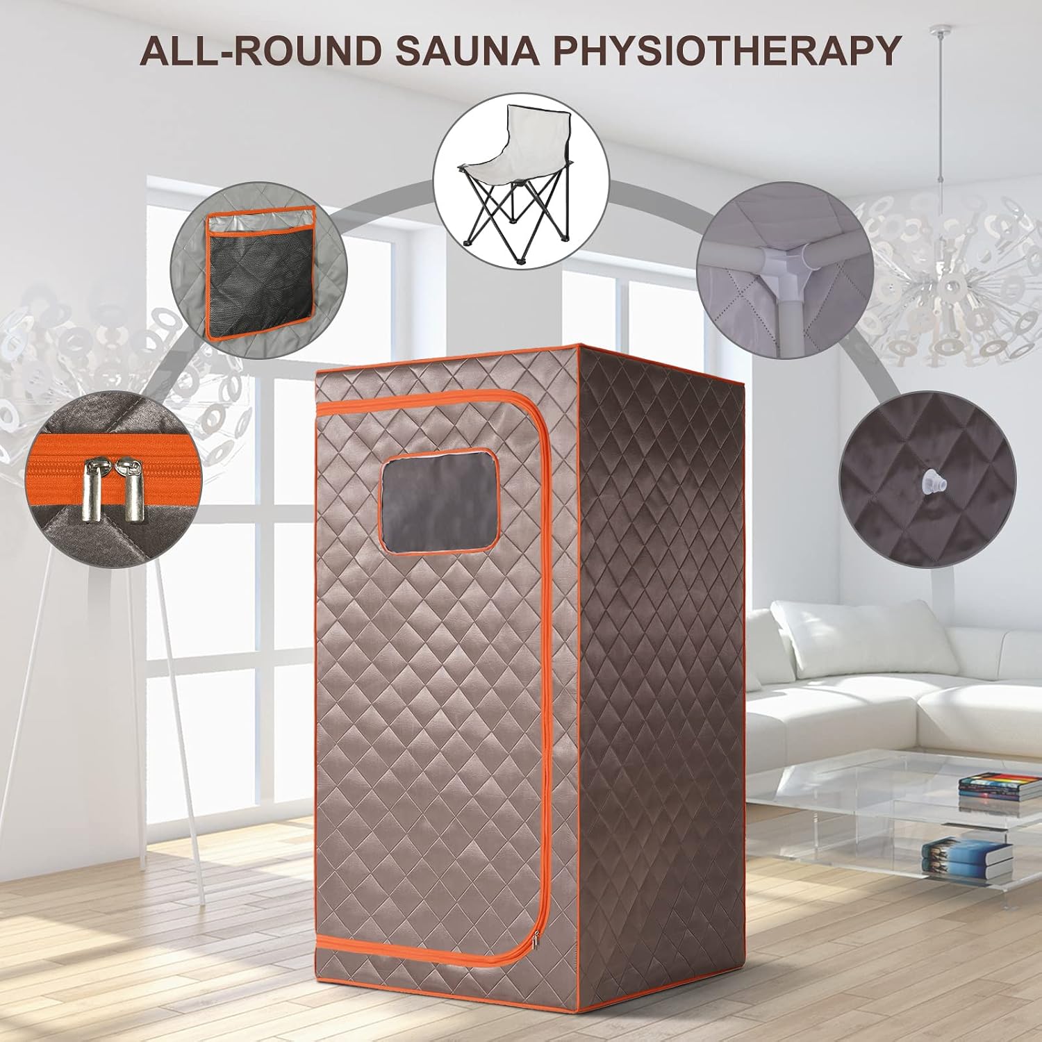 Portable Steam Sauna, Full Size Personal Sauna for Home, with 4L & 1500W Steam Generator, Remote Control, Timer (Single Steam 4L Steamer Set - Dark Grey Orange Rim, 33.85' x 33.85' x 65.74')