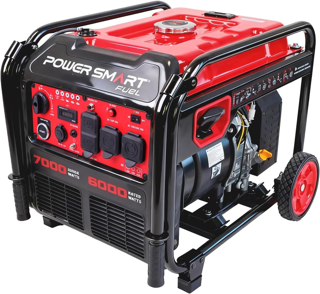 PowerSmart 7000W Open Frame Inverter Generator, 6000W Rated 120/240V Dual Voltage, 322cc 4-Stroke OHV Engine with Electric Start, Clean Sine Wave for Sensitive Home Electronics & High-Power Tools