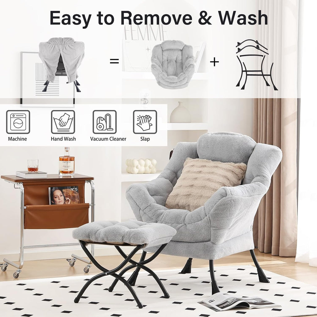 Lazy Chair with Ottoman, Large Light Grey Accent Chair with Ottoman and FA Throw Pillow, Comfy Plush Reading Chair for Living Room Bedroom Dorm Room Office Apartment Relaxing Use