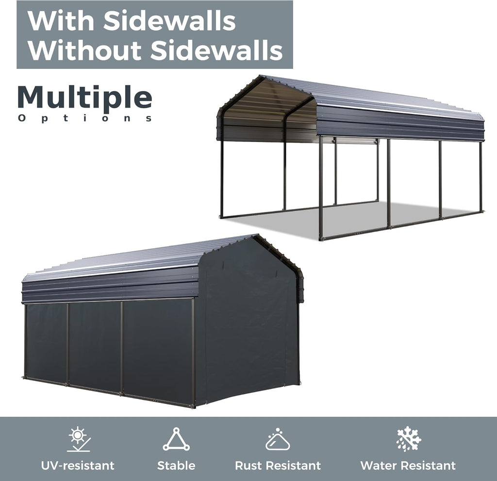 10 x 15 ft Metal Carport Kits with Galvanized Steel Roof & Removable Sidewalls, Heavy Duty Metal Carport Canopy, Outdoor Car Tent Metal Garage Shelter for Car, SUV, Truck and Boats, Gray