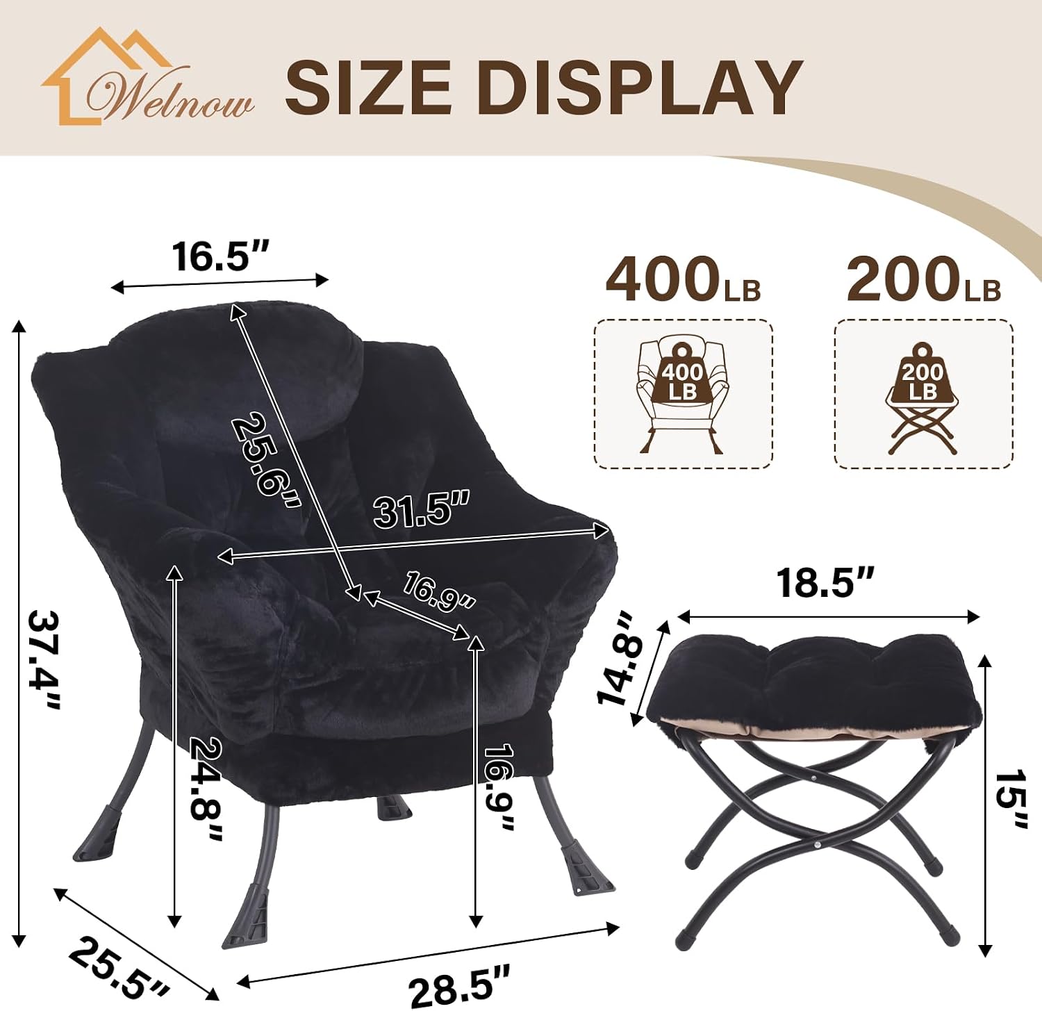 Welnow Lazy Chair with Ottoman, Modern Accent Chair with Armrests and a Side Pocket, Leisure Sofa Armchair, Reading Armchair with Footrest for Small Space, Plush Black