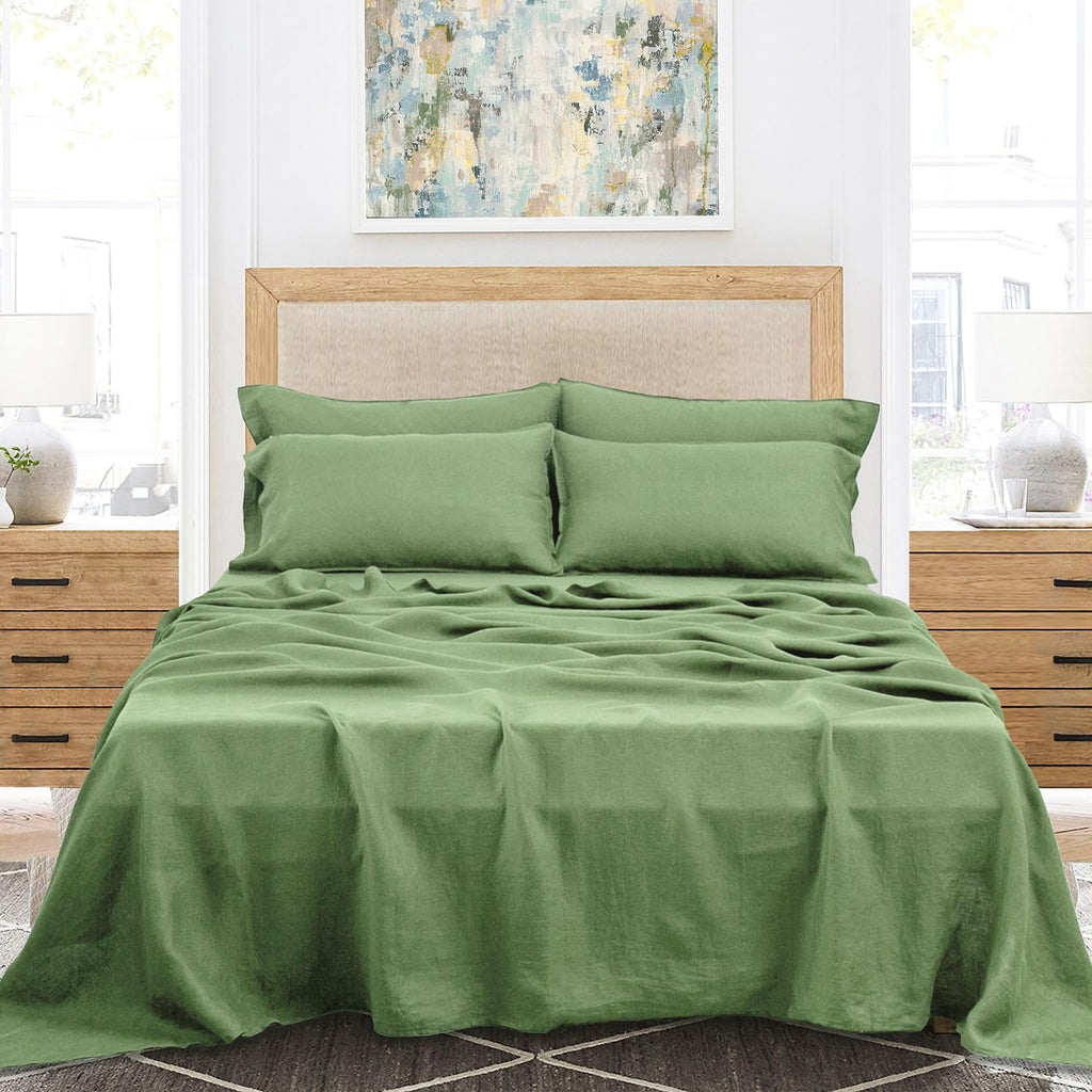 S VICTORY SYMBOL 100% Organic Linen Sheets Set King Size,French Flax Bed Sheets 4Pcs(1 Flat Sheet&1 Fitted Sheet&2 Pillowcases Natural Linen Farmhouse Bedding-Forest Green