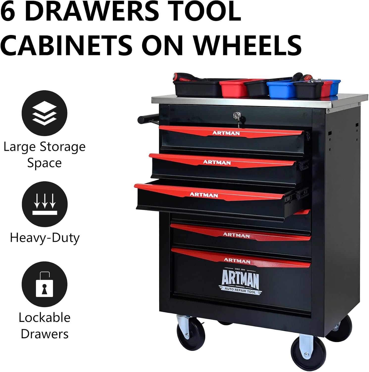 Campfun Tool Chest with Wheels 6 Drawers Rolling Tool Box, Metal Tool Cart with Extra 7 Tool Storage Boxes, Tool Chest Workbench Tool Storage Cabinet for Garage Workshop Warehouse Repair Shop