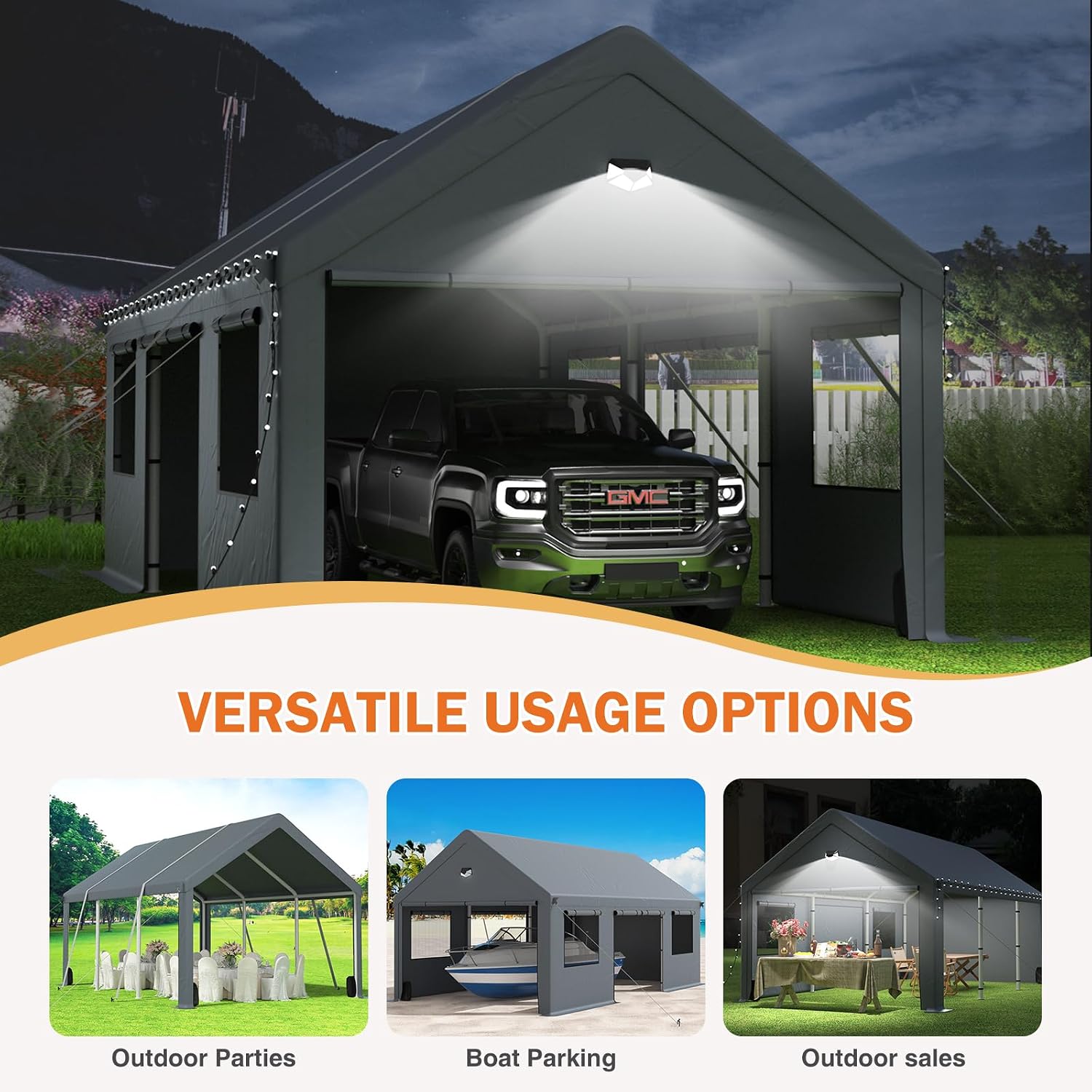 Carports Heavy Duty 10X16，Portable Car Port Garage，Carport Canopy with Side Doors，Outdoor Car Shelter All Weather,Gray
