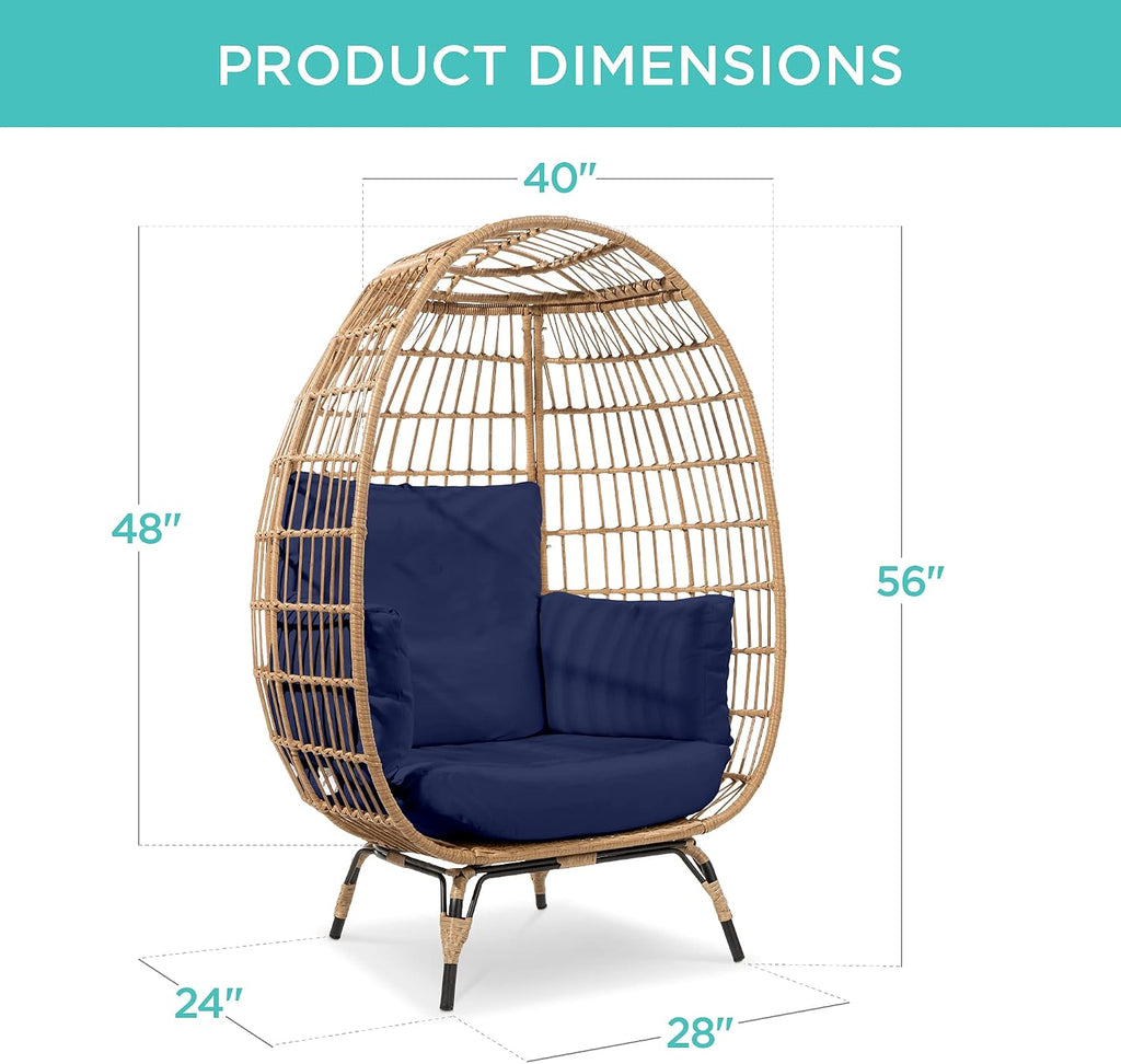 Best Choice Products Wicker Egg Chair, Oversized Indoor Outdoor Lounger for Patio, Backyard, Living Room w/ 4 Cushions, Steel Frame, 440lb Capacity - Navy