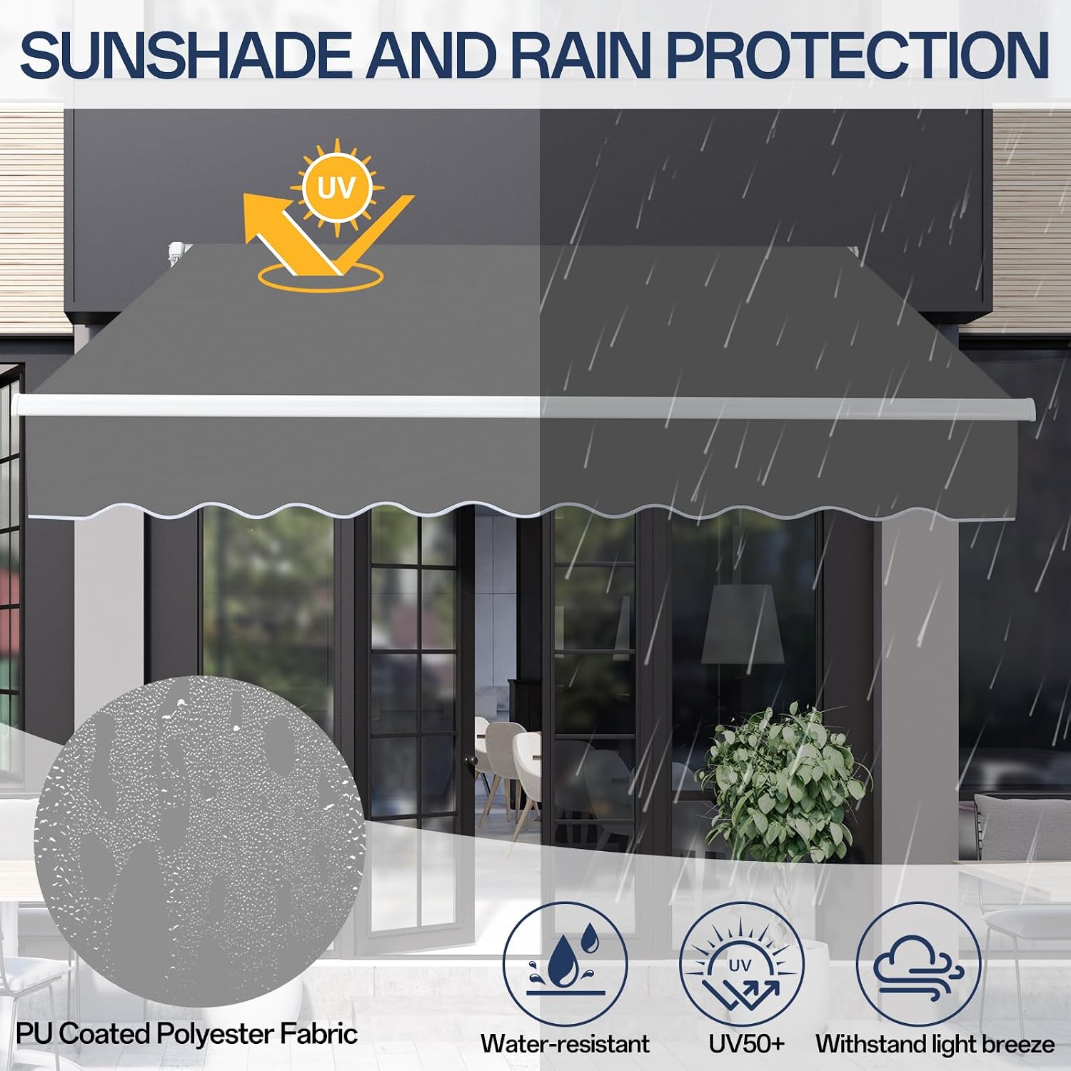 VINGLI 8' x 7' Retractable Awning for Patio Awning Door Awning with Manual Crank Handle, Aluminum Frame Door Canopy UV Resistant (Gray)