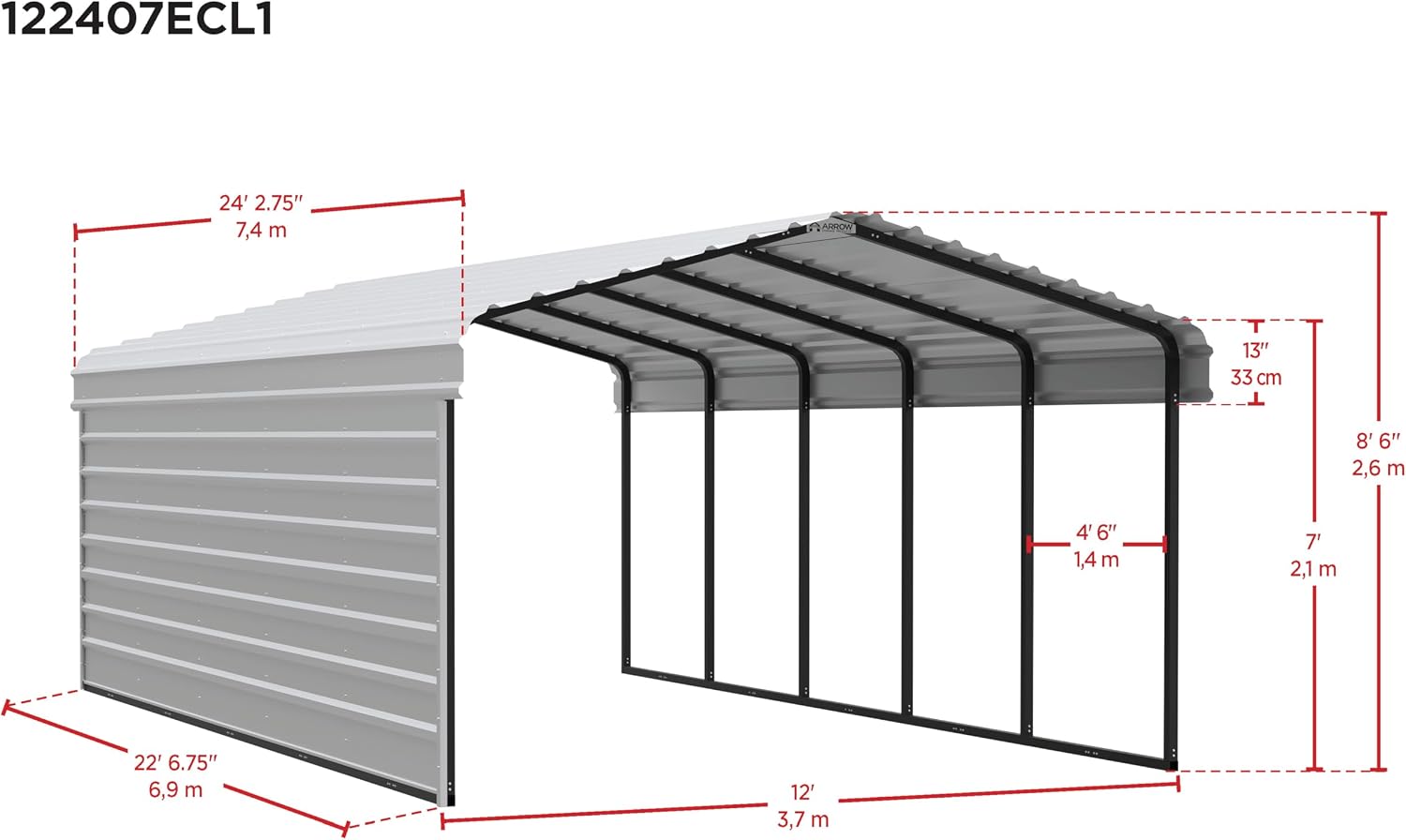 Arrow Carports Galvanized Steel Carport, with 1-Sided Enclosure, Compact Car Metal Carport Kit, 12' x 24' x 7', Eggshell