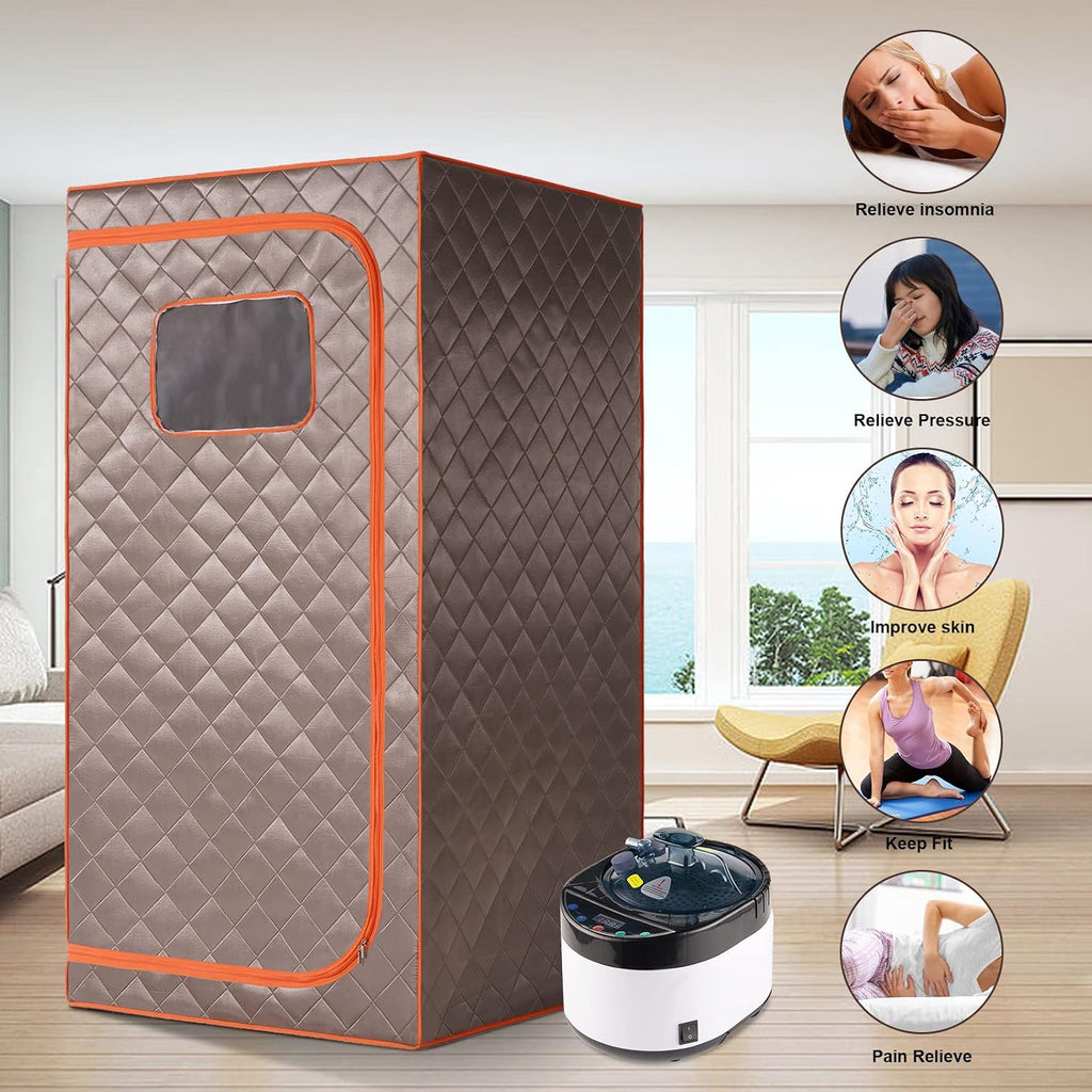 Portable Steam Sauna, Full Size Personal Sauna for Home, with 4L & 1500W Steam Generator, Remote Control, Timer (Single Steam 4L Steamer Set - Dark Grey Orange Rim, 33.85' x 33.85' x 65.74')