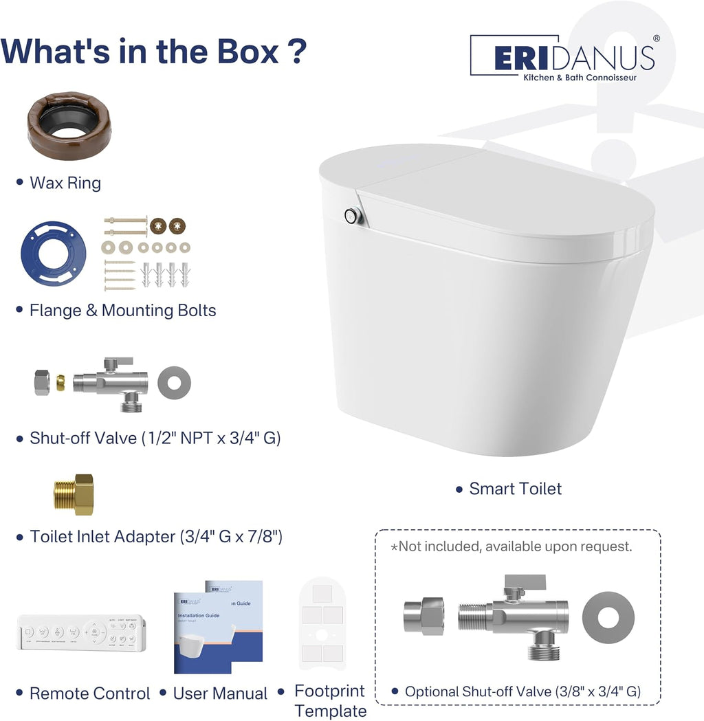 Smart Toilet, Eridanus One Piece Bidet Toilet for Bathroom, Toilet with Heated Bidet Seat, Adjustable Warm Water Wash & Dryer, Foot Sensor Flush, Tankless Toilet with LED Display, White