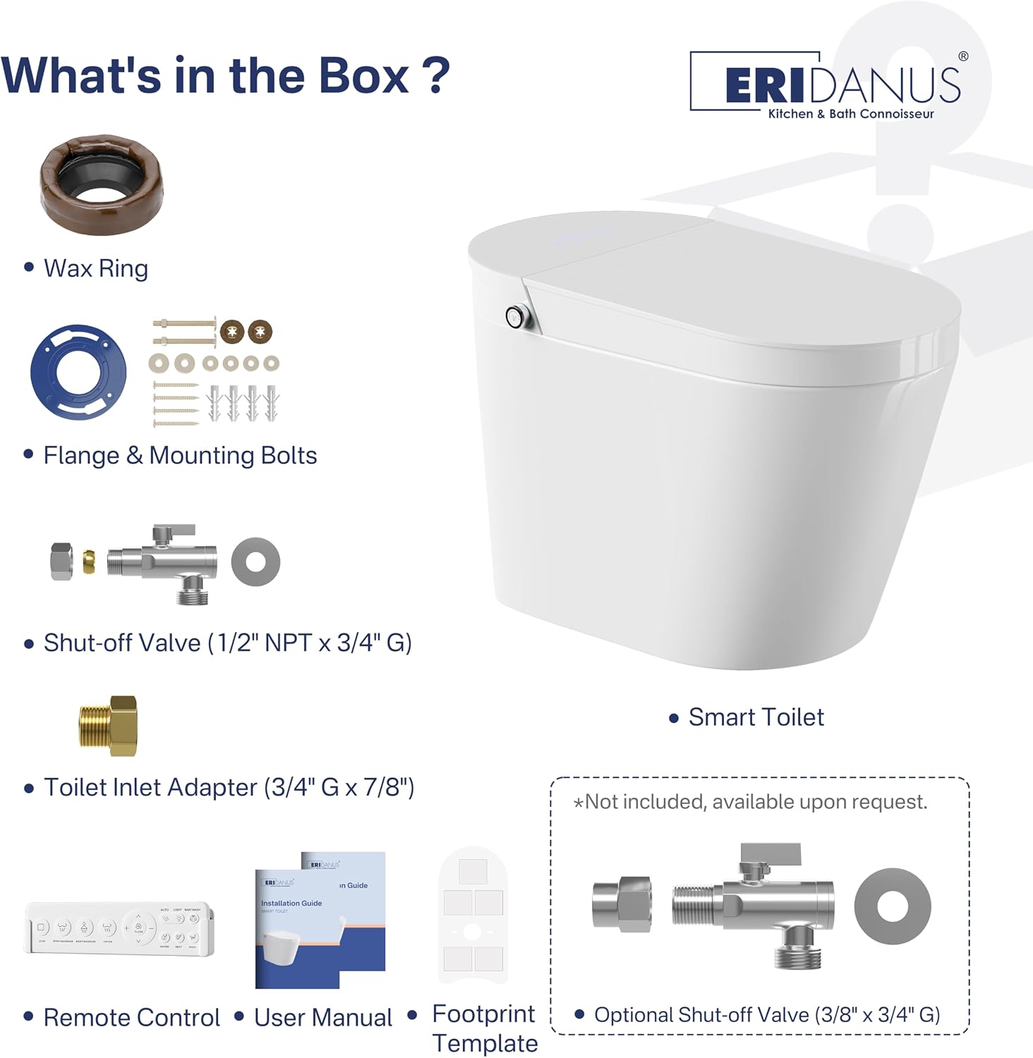 Smart Toilet, Eridanus One Piece Bidet Toilet for Bathroom, Toilet with Heated Bidet Seat, Adjustable Warm Water Wash & Dryer, Foot Sensor Flush, Tankless Toilet with LED Display, White