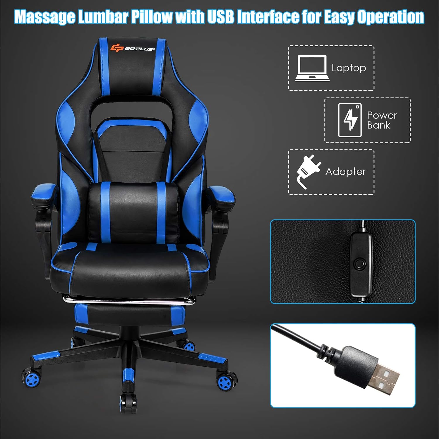 POWERSTONE Gaming Chair Adjustable High Back PU Computer Chair with Footrest Massage Lumbar Support Headrest Thick Armrest Rolling Swivel Desk Chair, Navy Blue