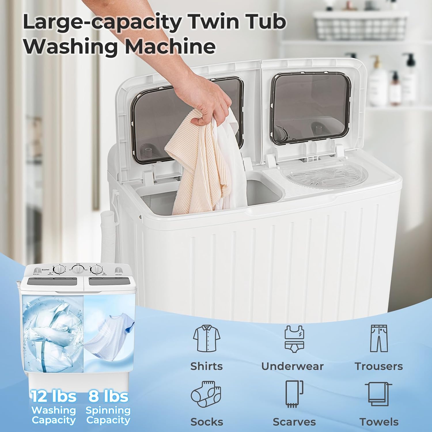 ARLIME Portable Washing Machine, 20lbs Mini Twin Tub Washing Machine w/Drain Pump, Semi Automatic 12lbs Compact Washer & 8lbs Sipnner, Portable Washer Dryer Combo for Apartments Dorms RV Camping
