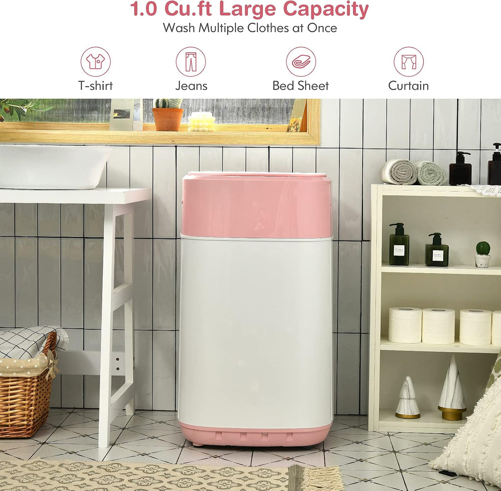 COSTWAY Portable Washing Machine, 8 Lbs Capacity, Built-in Drain Pump, Compact Laundry Washer with 6 Programs, 6 Water Levels, Child Lock, Full-Automatic washer for RV, Dorm, Apartment, Pink