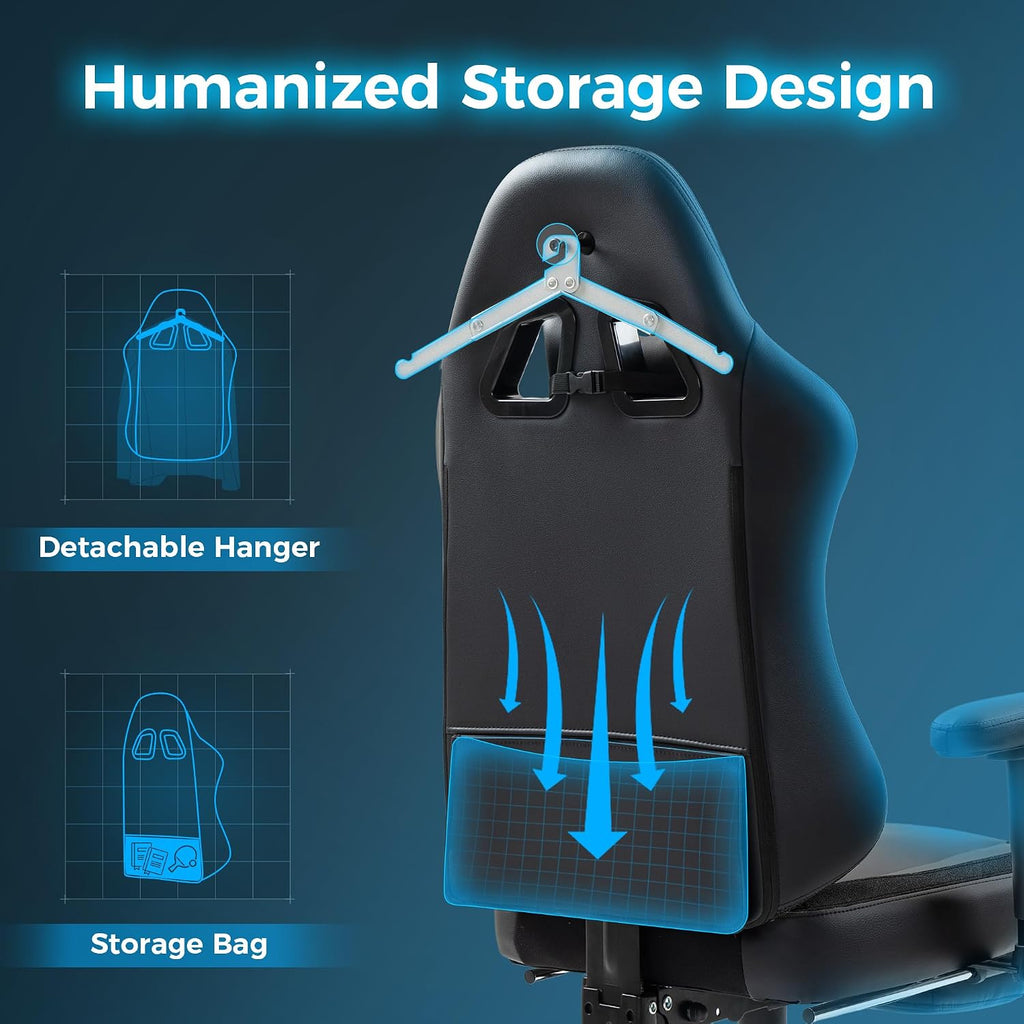 Dowinx LS-66T50EJP Gaming Chair with Pocket Spring Cushion and Hanger, Massage Game Chair Pu Leather with Headrest, Ergonomic Computer Chair with Footrest 300lbs for Adult, Black Grey