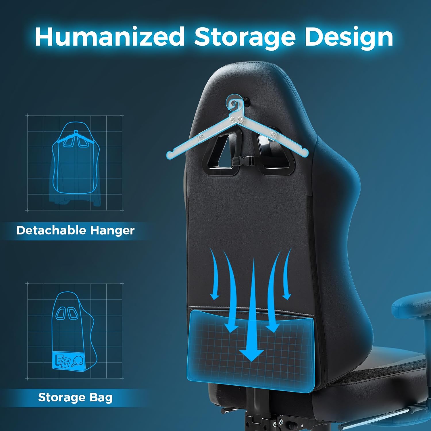 Dowinx LS-66T50EJP Gaming Chair with Pocket Spring Cushion and Hanger, Massage Game Chair Pu Leather with Headrest, Ergonomic Computer Chair with Footrest 300lbs for Adult, Black Grey