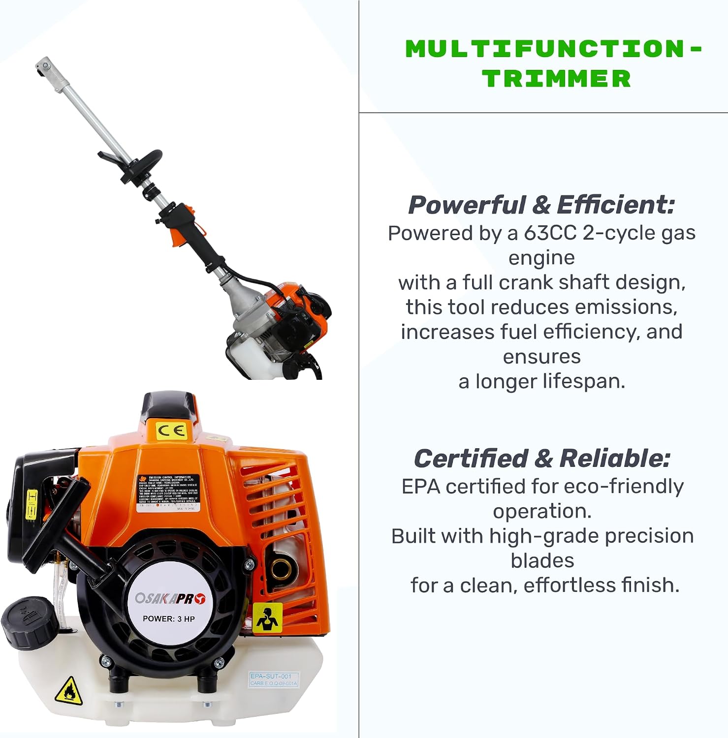 63cc 2-Cycle Gas Multi-Trimmer | 4-in-1 String Trimmer w/Rotatable Pole Saw, Weed Eater Weed Wacker, Brush Cutter & Hedge Trimmer Gas for Lawn, Yard, Garden Care, All-in-one Garden Tool