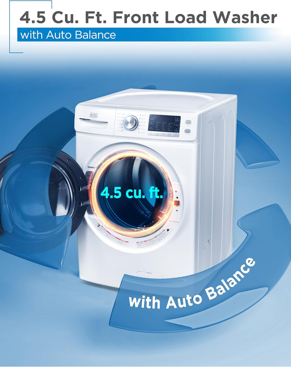 BLACK+DECKER 4.5 Cu. Ft. Front Load Washer, Full Size Washing Machine with 12 Cycles, ENERGY STAR certified Washer Machine, Hot & Cold Inlet Hoses, LED Display, 120V, BFLW45M, White