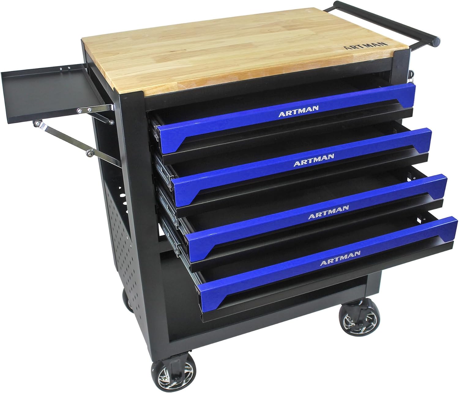 Rolling Tool Cart with 4-Drawer Wood Top Utility Tool Chest on Wheels Mechanic Tool Storage Organizer Cabinet for Garage, Warehouse, Workshop, Repair Shop (Blue)