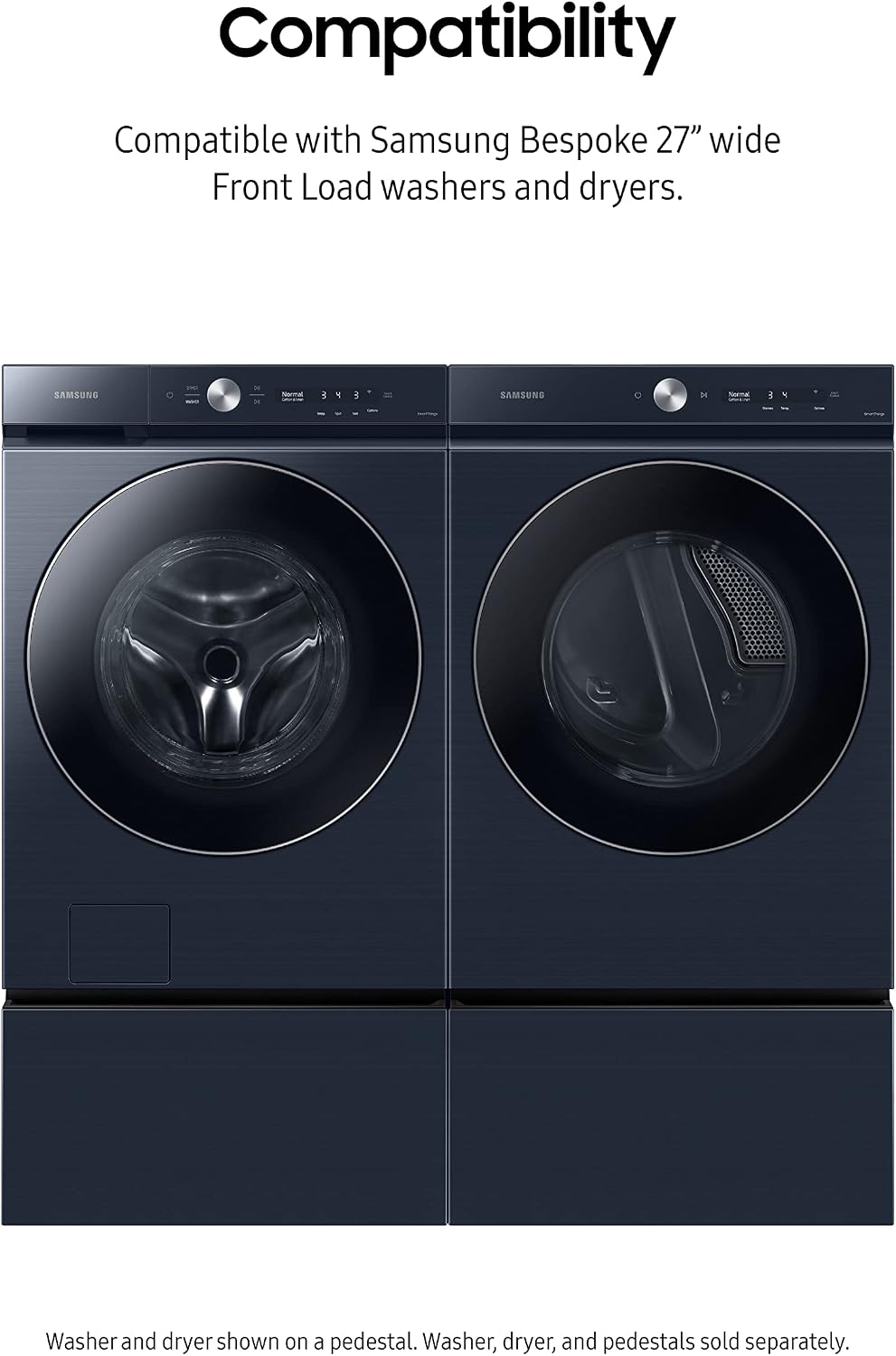 SAMSUNG 27-Inch Bespoke Front Load Washer Dryer Pedestal Stand w/ Pull Out Laundry Storage Drawer, WE502ND, Brushed Navy