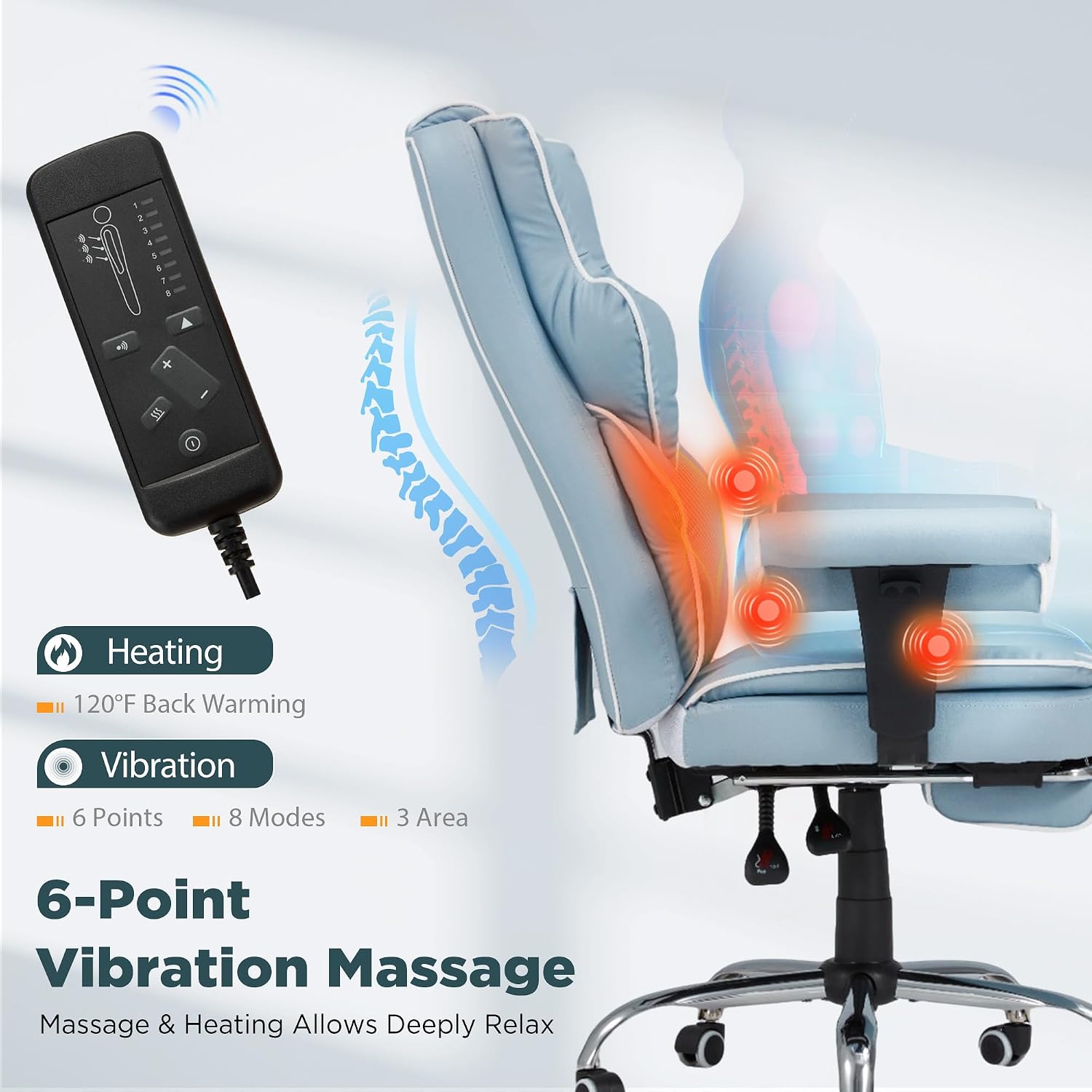 HOMREST Ergonomic Executive Office Chair with 6-Point Vibration & Heat - Reclining Managerial Chair with Adjustable Footrest and Armrests,Big and Tall Leather Home Office Desk Chairs(Airy Blue)