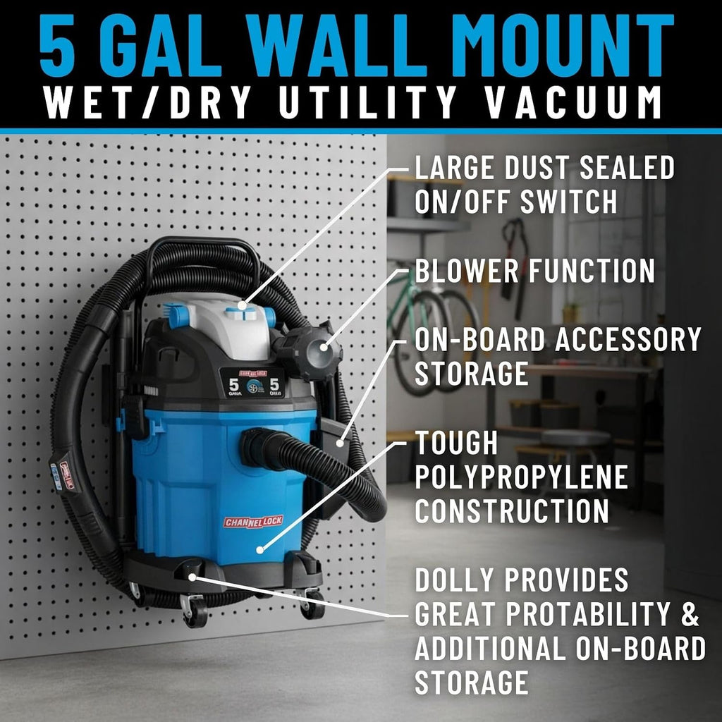 Channellock Shop Wet Dry Vacuum 5Gal 5Hp Wall Mount Vac - Remote Control, Wheels, Foam Filter - 5 Gal