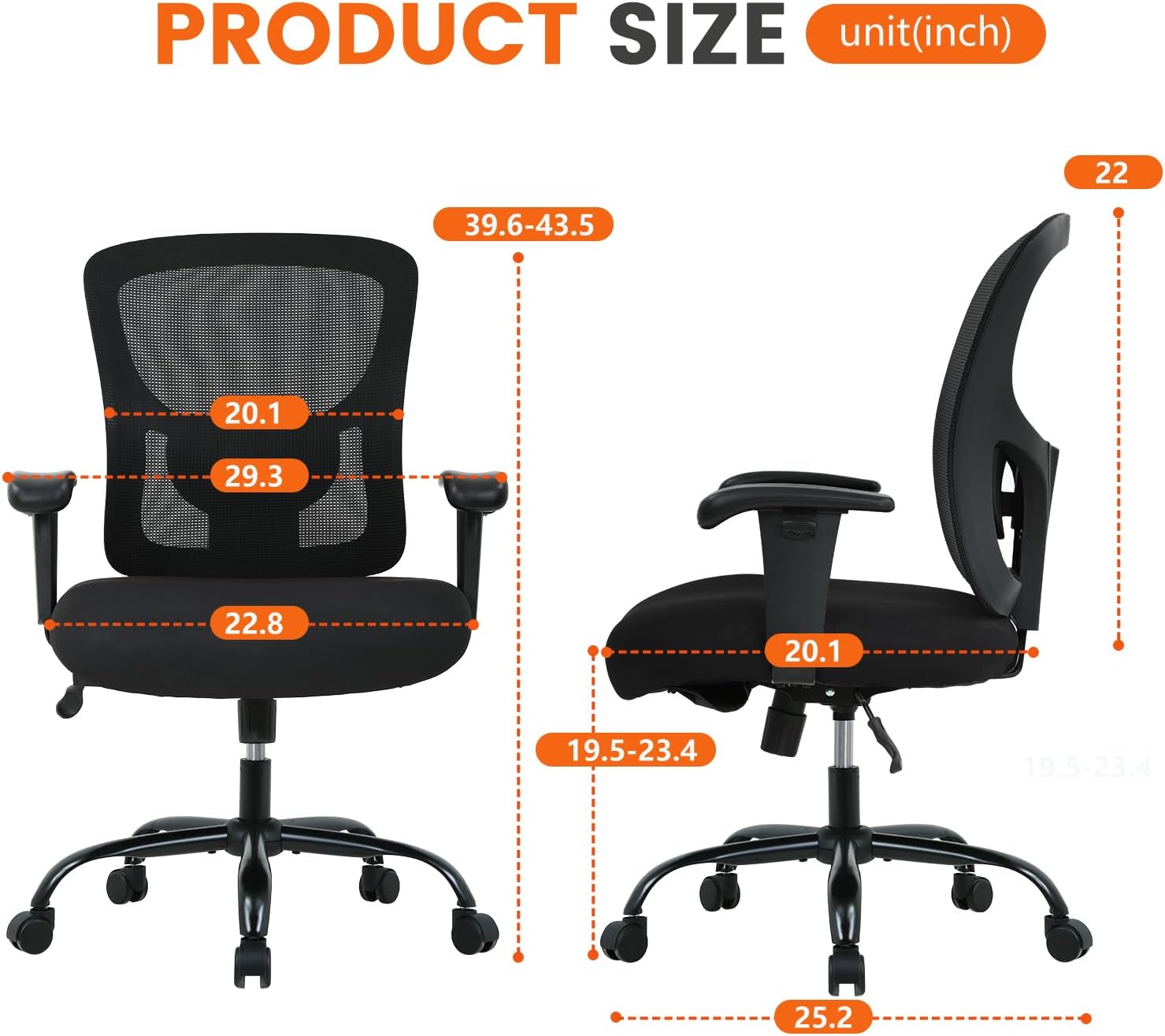 Big and Tall Office Chair 400lbs Wide Seat Desk Chair Computer Chair with Lumbar Support Adjustable Arms Task Rolling Swivel Mesh Executive High Back Ergonomic Chair for Adults Women,Black