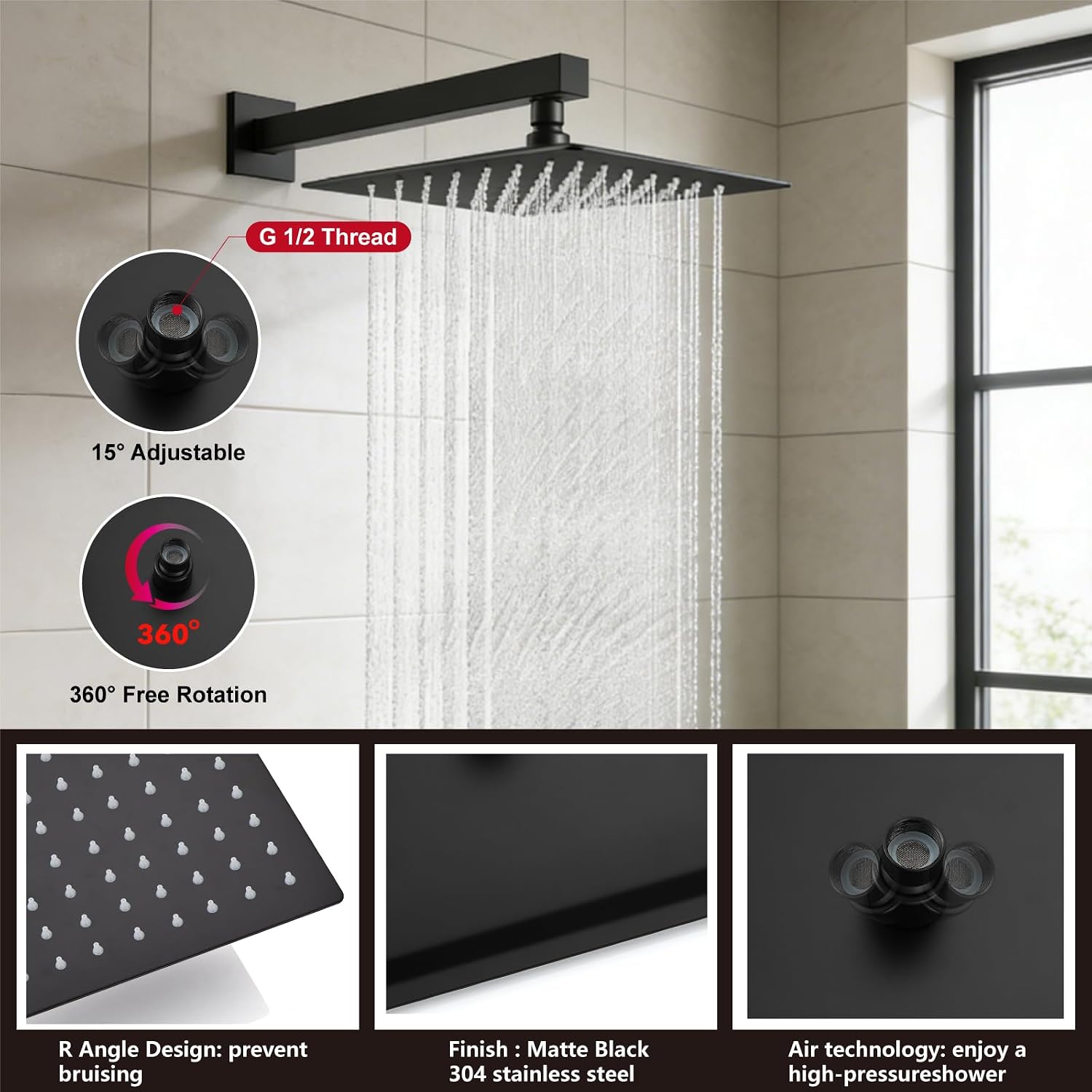 Midanya Shower System with Tub Spout,Bathtub Shower Faucet Set with Square Rainfall Head and Handheld Sprayer Wall Mount Tub Faucet Set with Valve and Trim Kit,12 Inch Matte Black