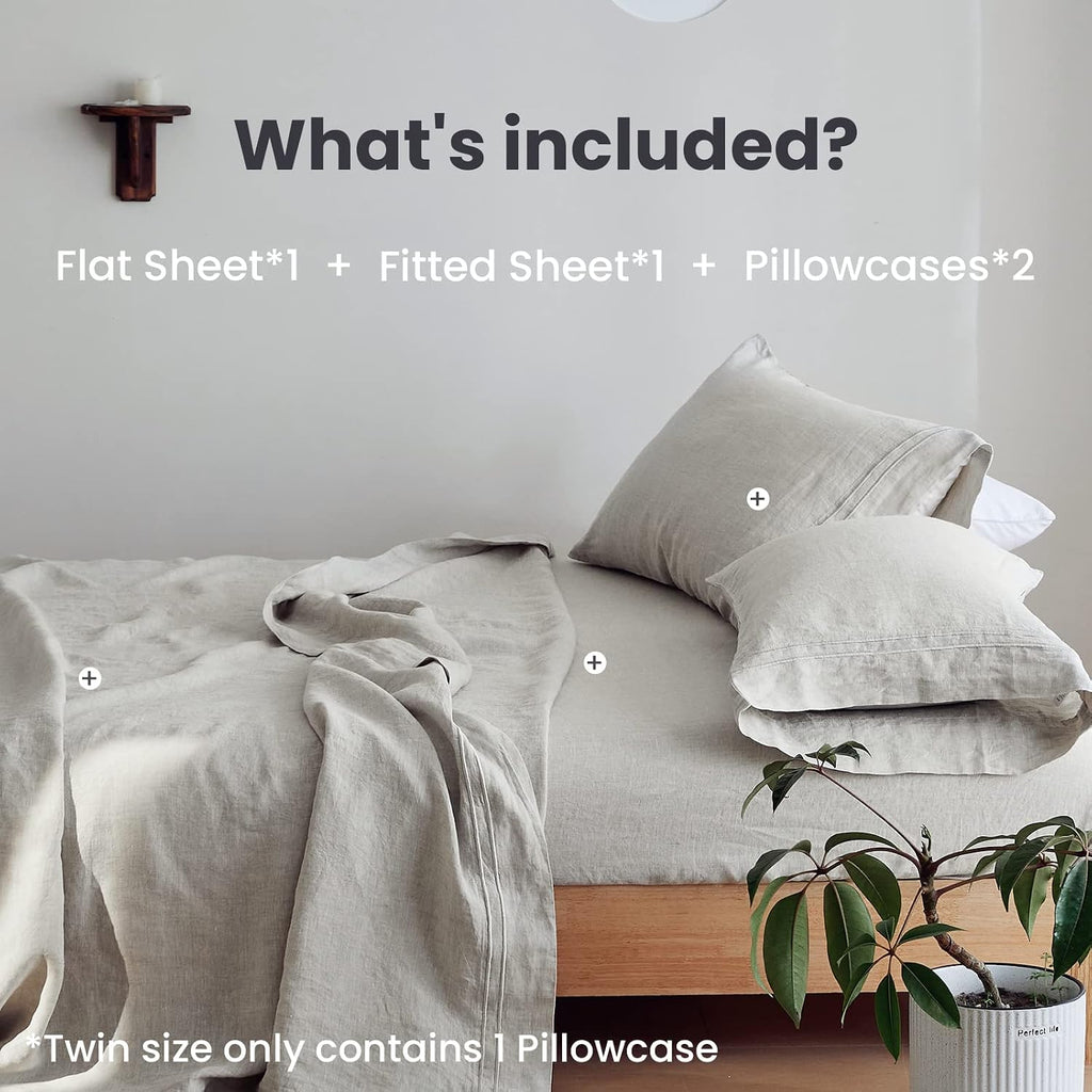 Simple&Opulence 100% Linen Sheet Set 4 Pieces Natural France Flax Bed Sheet (1 Flat Sheet, 1 Fitted Sheet, 2 Pillowcases) Breathable Luxury Hotel Bedding - Embroidery Linen, King Size