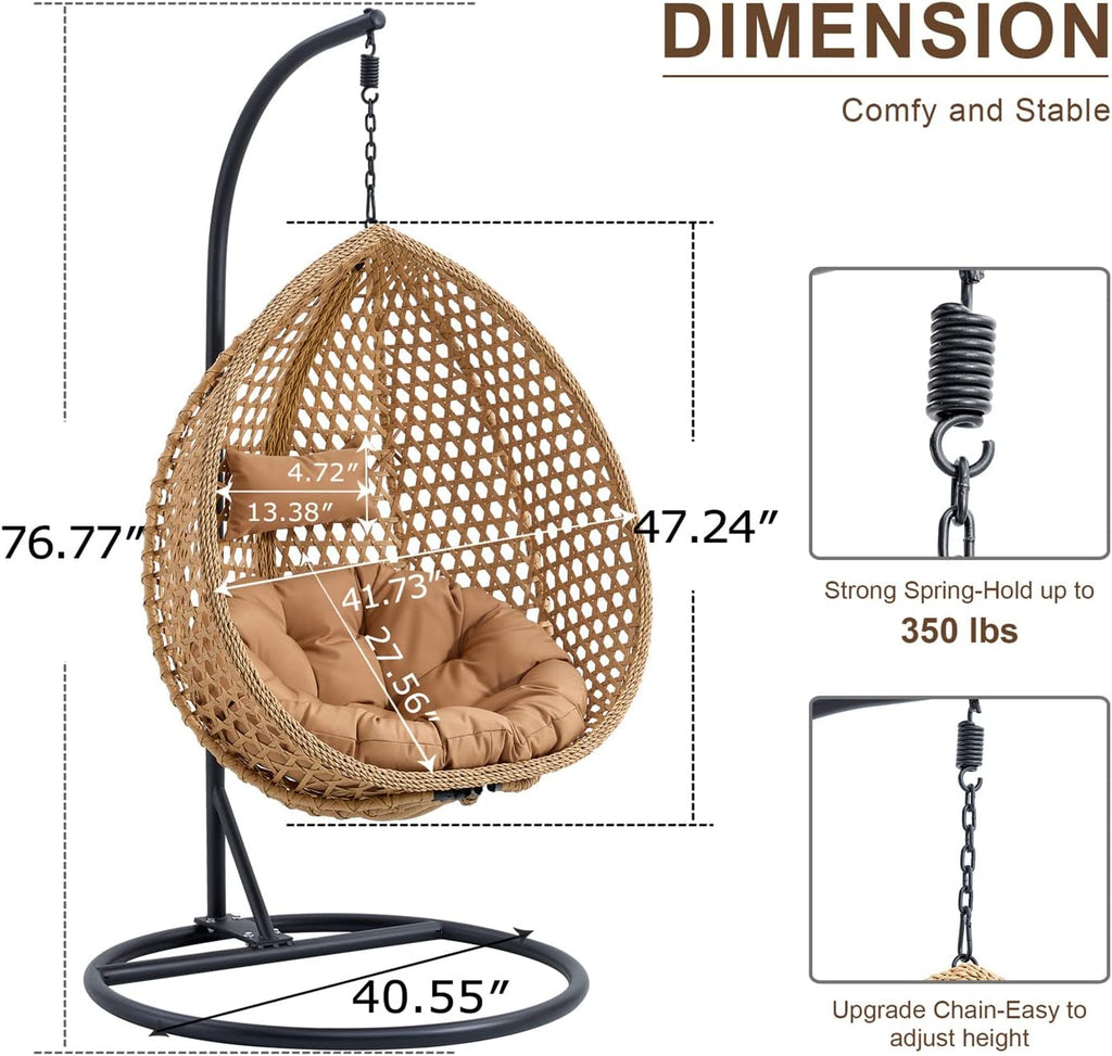 LKTART Egg Swing Chair with Stand Rattan Hanging Egg Chair with Cushions and Pillow Relaxing Chair Foldable Basket & Metal Stand Indoors or Outside