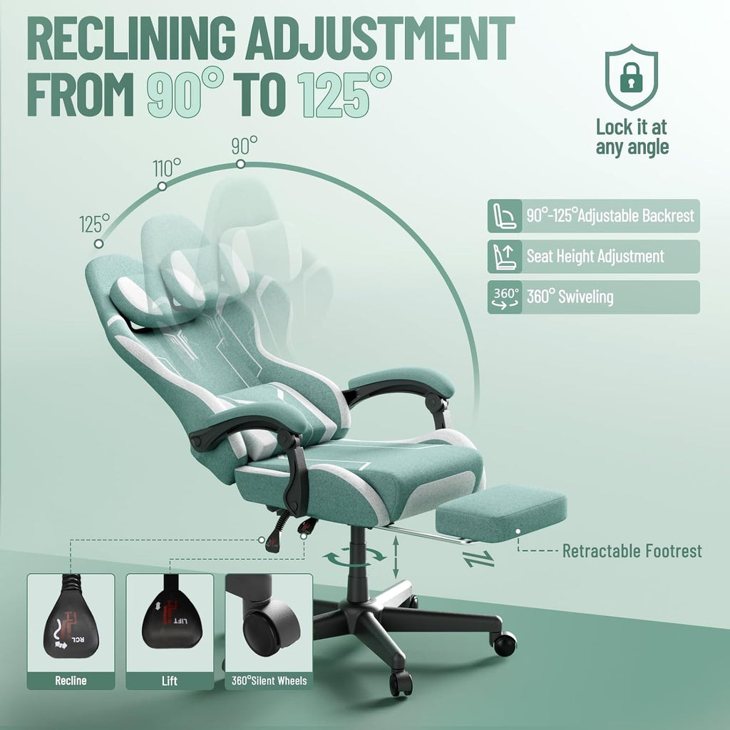 Ferghana Gaming Chair, Cloth Fabric Ergonomic Computer Chair with Massage Lumbar Support, High Back Office Game Chair with Footrest and Linkage Armrest for Adult, Green/White