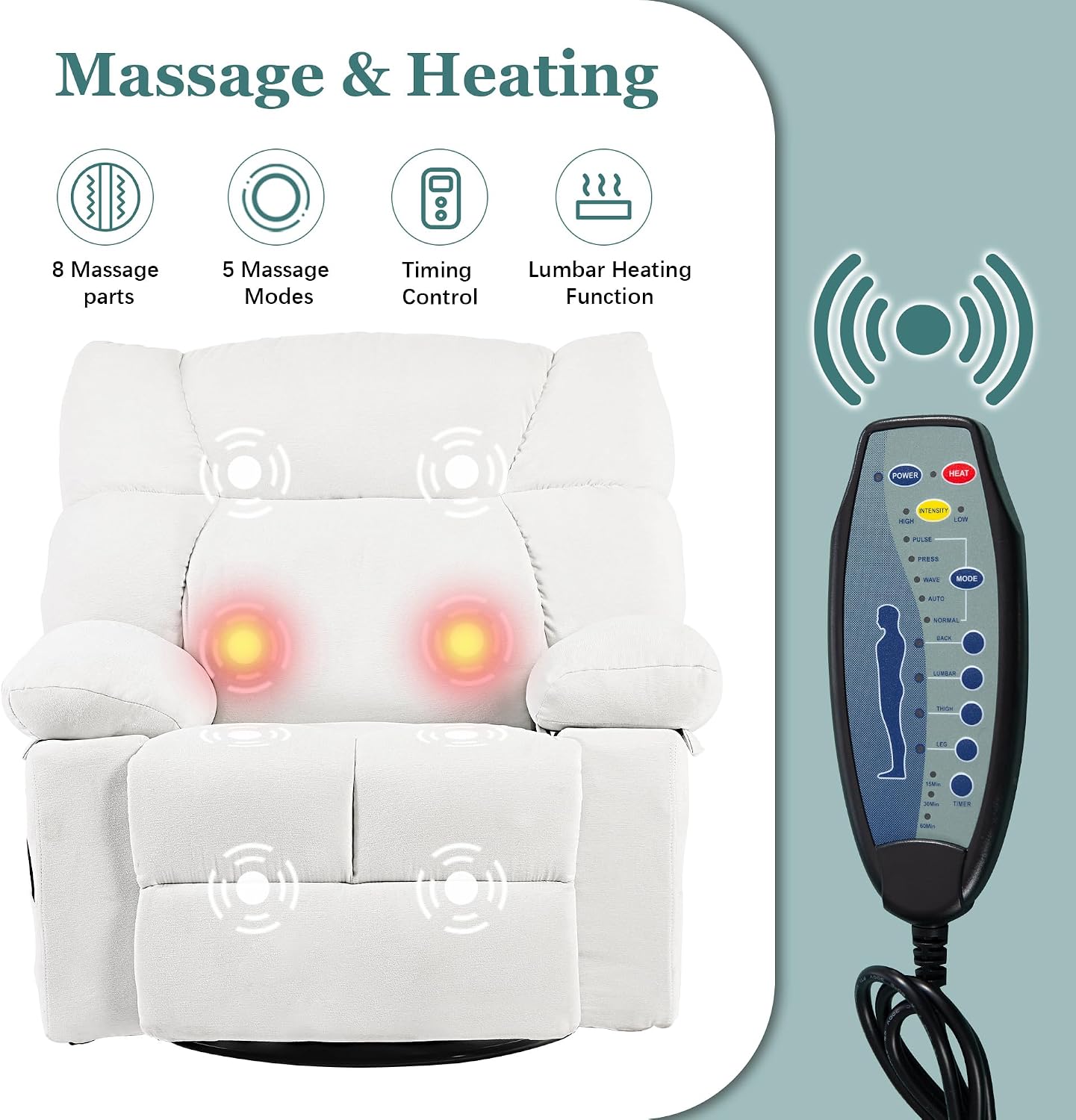 Power Swivel Rocker Recliner Chair Oversized for Adults, Electric Heated & Massage Chair Recliner with USB/Type-C, Fabric Nursery Recliner for Living Room,Bedroom, White