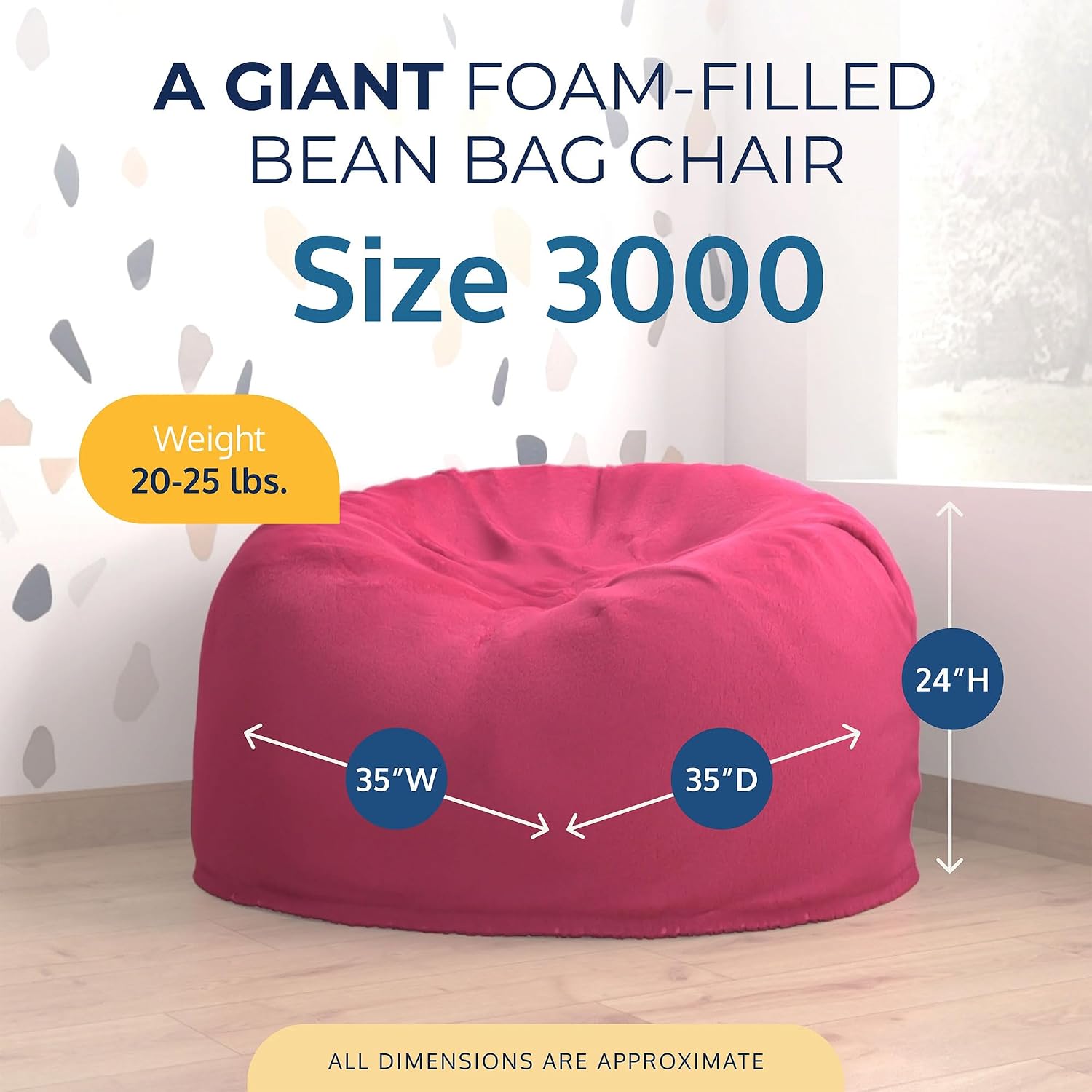 ULTIMATE SACK 3000 3-Foot Bean Bag Chair, Pink Fur Cover – Oversized Foam Lounger, Floor Seat, Small Sofa, or Couch Bed for Living Area, Gaming Room, or Reading Lounge