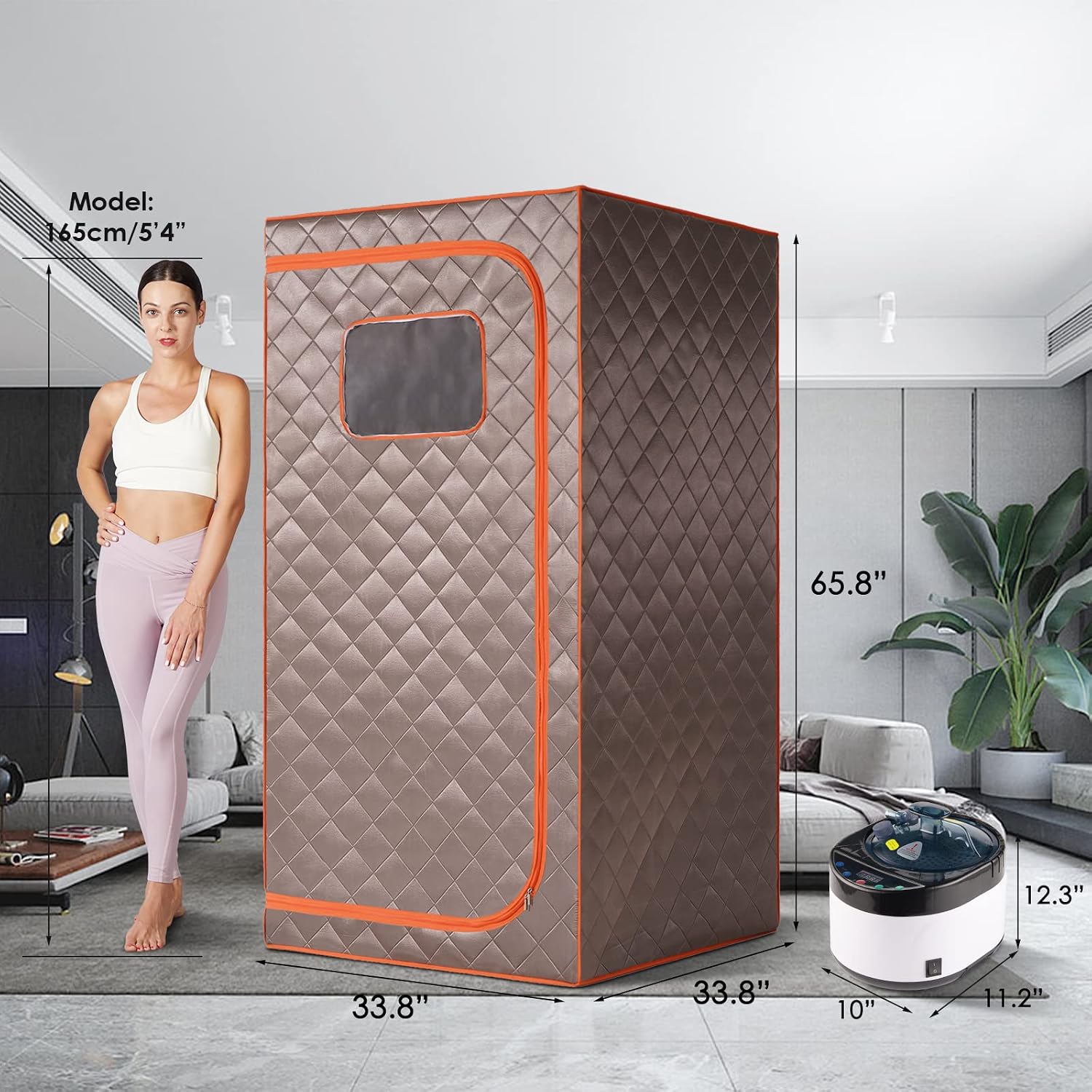Portable Steam Sauna, Full Size Personal Sauna for Home, with 4L & 1500W Steam Generator, Remote Control, Timer (Single Steam 4L Steamer Set - Dark Grey Orange Rim, 33.85' x 33.85' x 65.74')