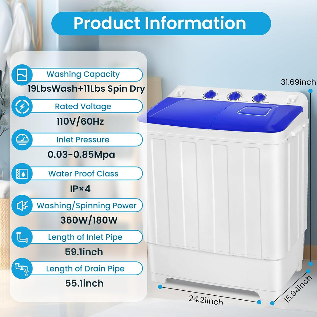 Nictemaw Portable Washing Machine 30Lbs Capacity Washer and Dryer Combo 2 In 1 Compact Twin Tub Laundry Washer (19Lbs) & Spinner (11Lbs) with Drain Pump, Time Control, for Apartment Dorms RV, Blue