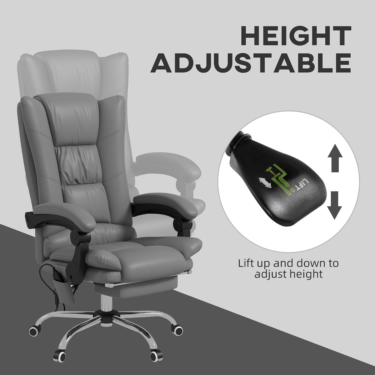 Vinsetto Executive Massage Office Chair with 4 Vibration and Heat, 3 Modes, PU Leather Swivel Chair with Adjustable Height, Reclining Back, and Footrest, Gray