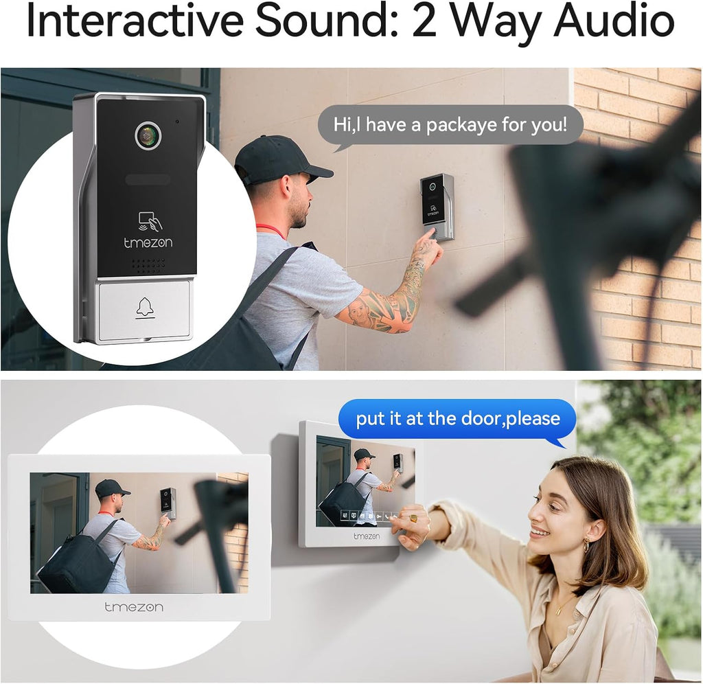 TMEZON 4-Wire 7 Inch Tuya 1080P WiFi Smart Video DoorPhone Intercom System with Wired Doorbell Password/Card Swipe Touchscreen